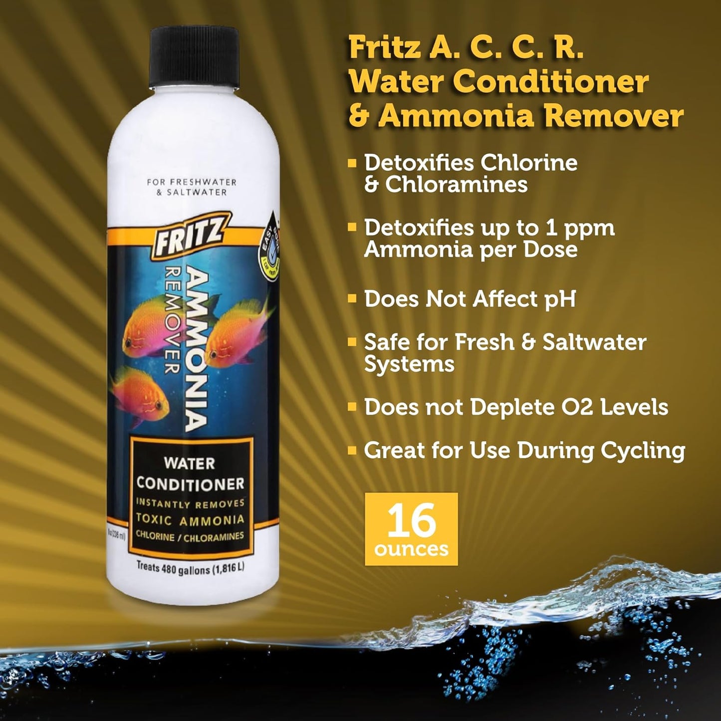 ACCR Water Conditioner Instantly Removes Toxic Ammonia/Chlorine & Chloramines for Fresh & Salt Water Aquariums (16-Ounce)