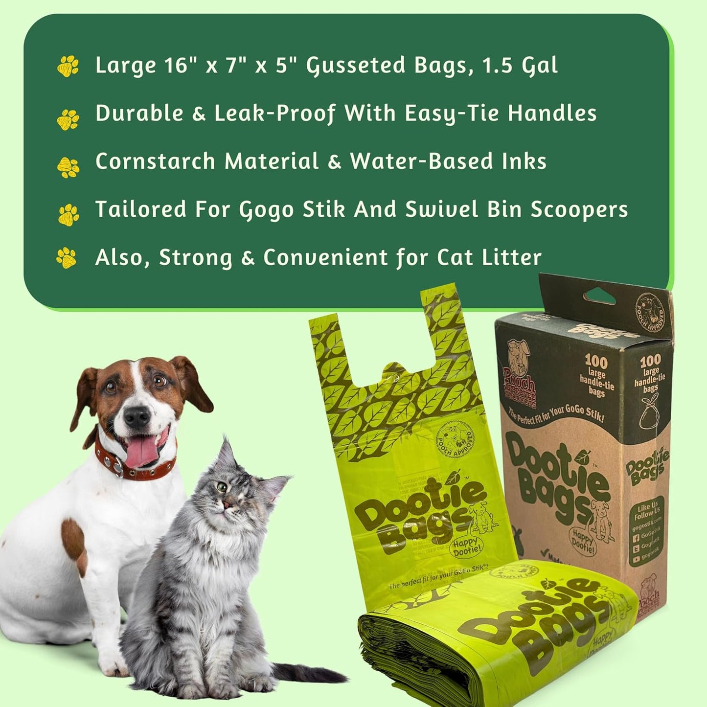 Pooch Approved Dootie Bags - Dog Poop Bags - Tie-Handles - 100 Count Dootie Strong Leakproof Bags - Perfect for Dogs & Cats - Litter - Pet Waste Cleanup - Swivel Bin & Scoopers