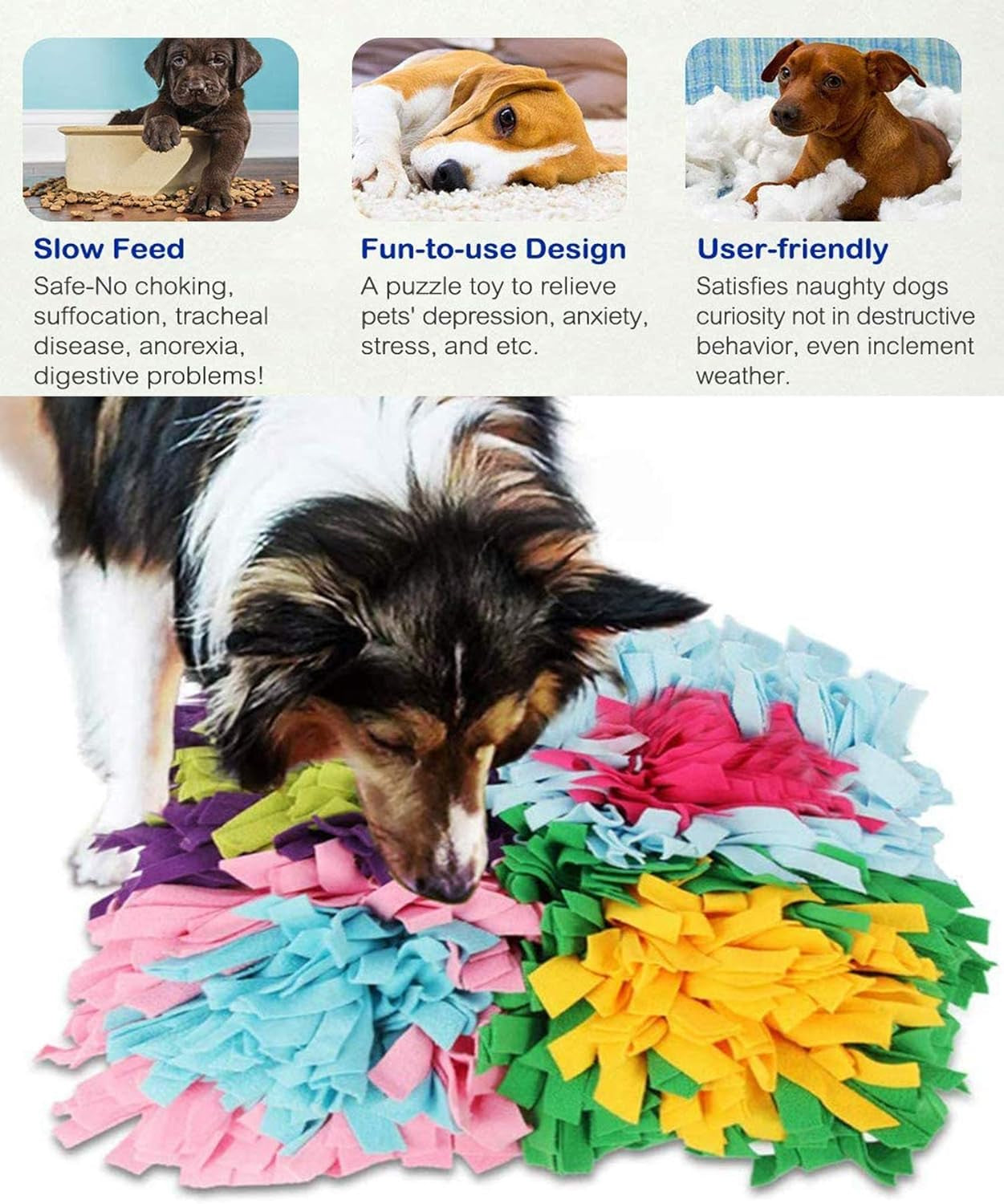 Miguo Pet Snuffle Mat Dog Slow Feeding Mat, Pet Puzzle Toys Durable Interactive Dog Toys Encourages Natural Foraging Skills Middle Dogs Puppy Rabiit Machine Washable (Colourful Square)