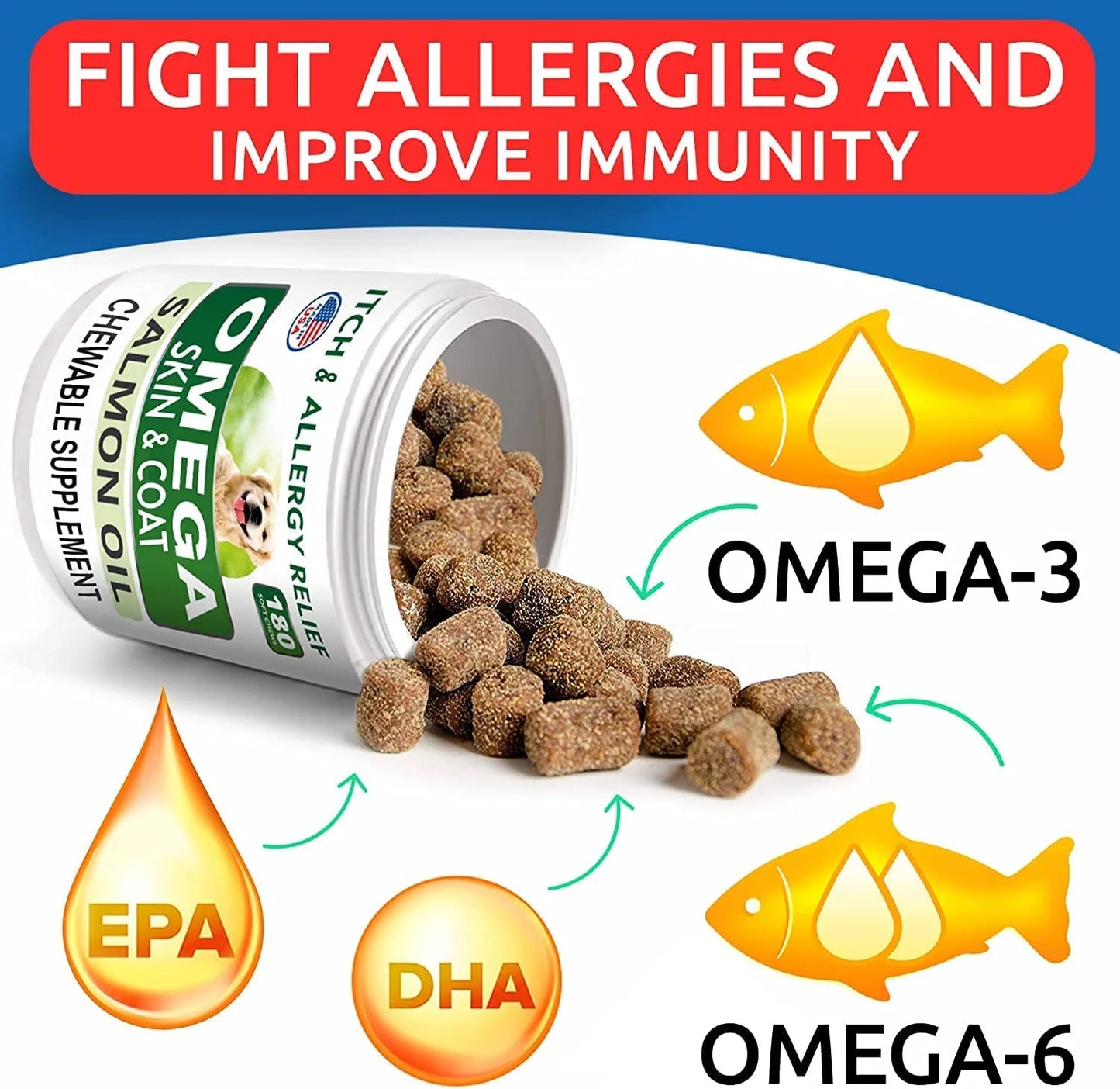 Omega 3 for Dogs - 360 Fish Oil Treats for Dog Shedding, Skin Allergy, Itch Relief, Hot Spots Treatment - Joint Health - Skin and Coat Supplement - EPA & DHA Fatty Acids - Salmon Oil