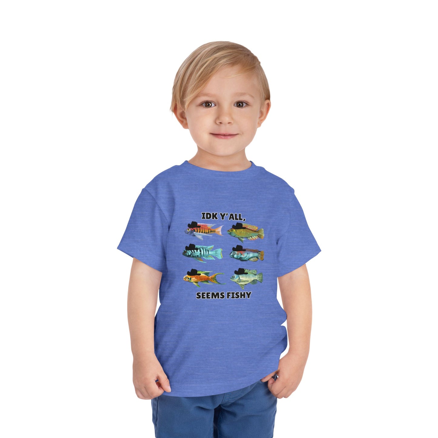 Toddler Sizes: IDK Y'all, Seems Fishy, Fish & Fishing Cowboy Hat Shirt, Short Sleeve Tee - 'IDK Y'all, Seems Fishy' Fun T-Shirt, Cute Kids Apparel, Summer Essentials