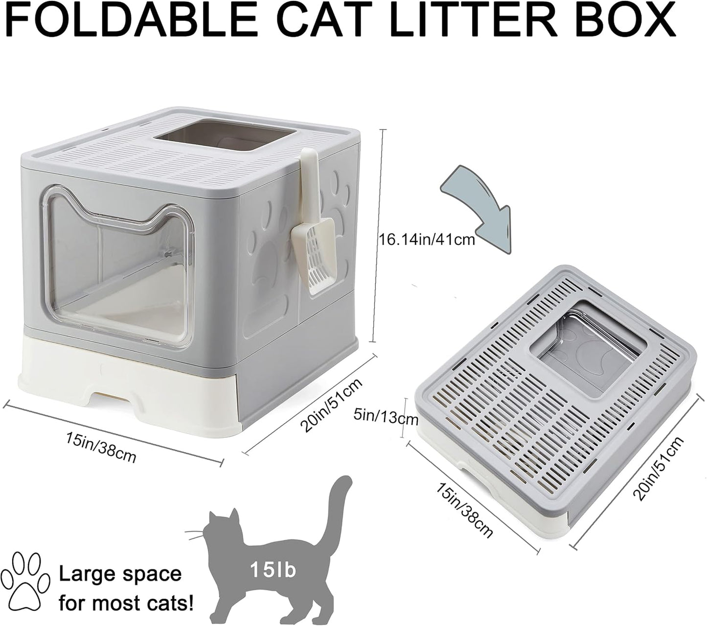 Foldable Large Top Entry Cat Litter Box with Lid, Anti-Splashing Enclosed Plastic Kitty Pan with Drawer Type Easy Clean and Scoop (Grey)