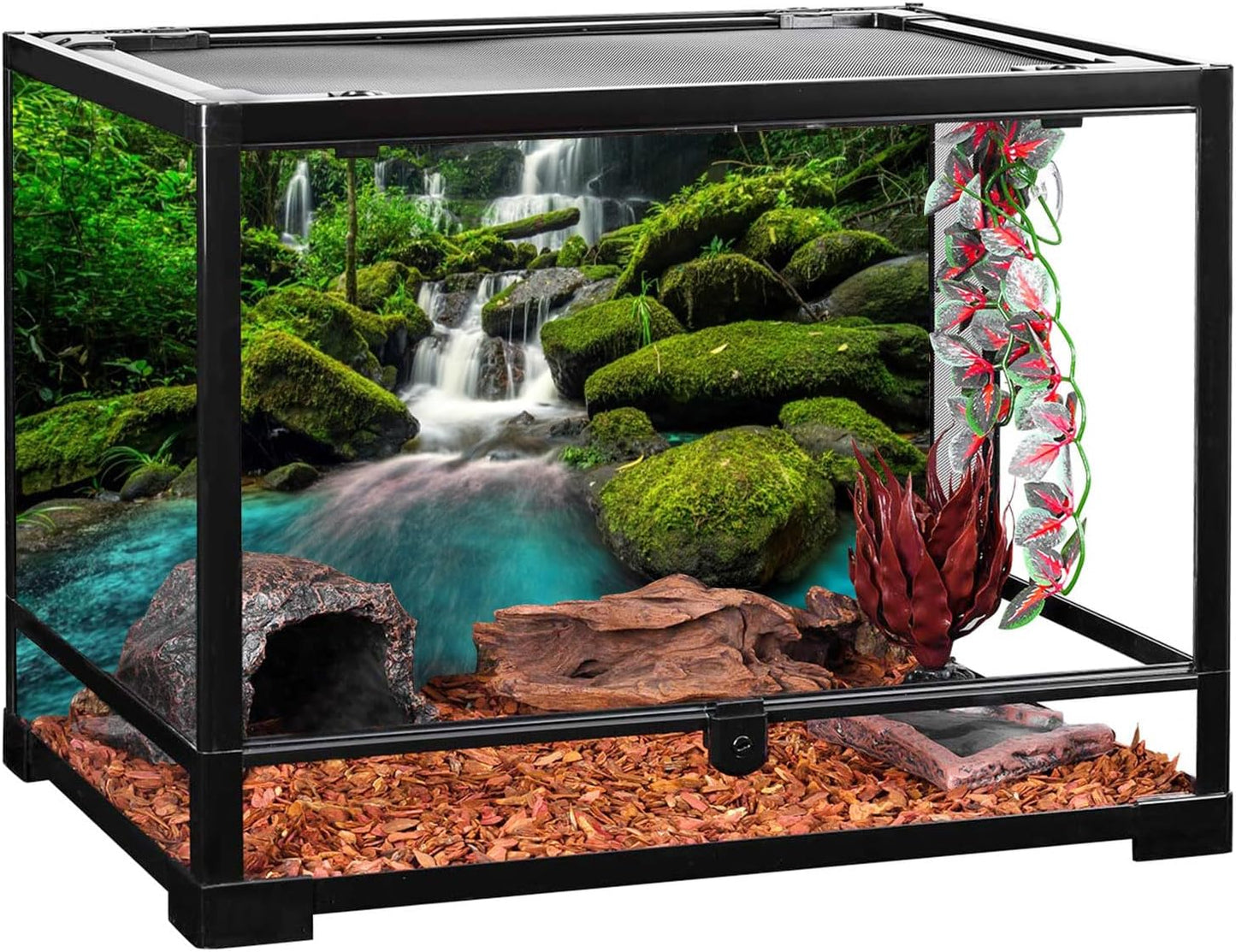 72X24 Inches Waterfall Terrarium Background Tropical Rainforest Aquarium Background Mountain Lake Green Tree Reptile Habitat Background Durable Polyester Background