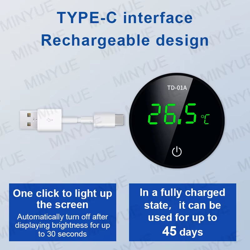 MINYUE Aquarium Thermometer LCD Digital External Thermometer Charging Type-C Fish Tank Mini Thermometer High Precision -9.9-50℃