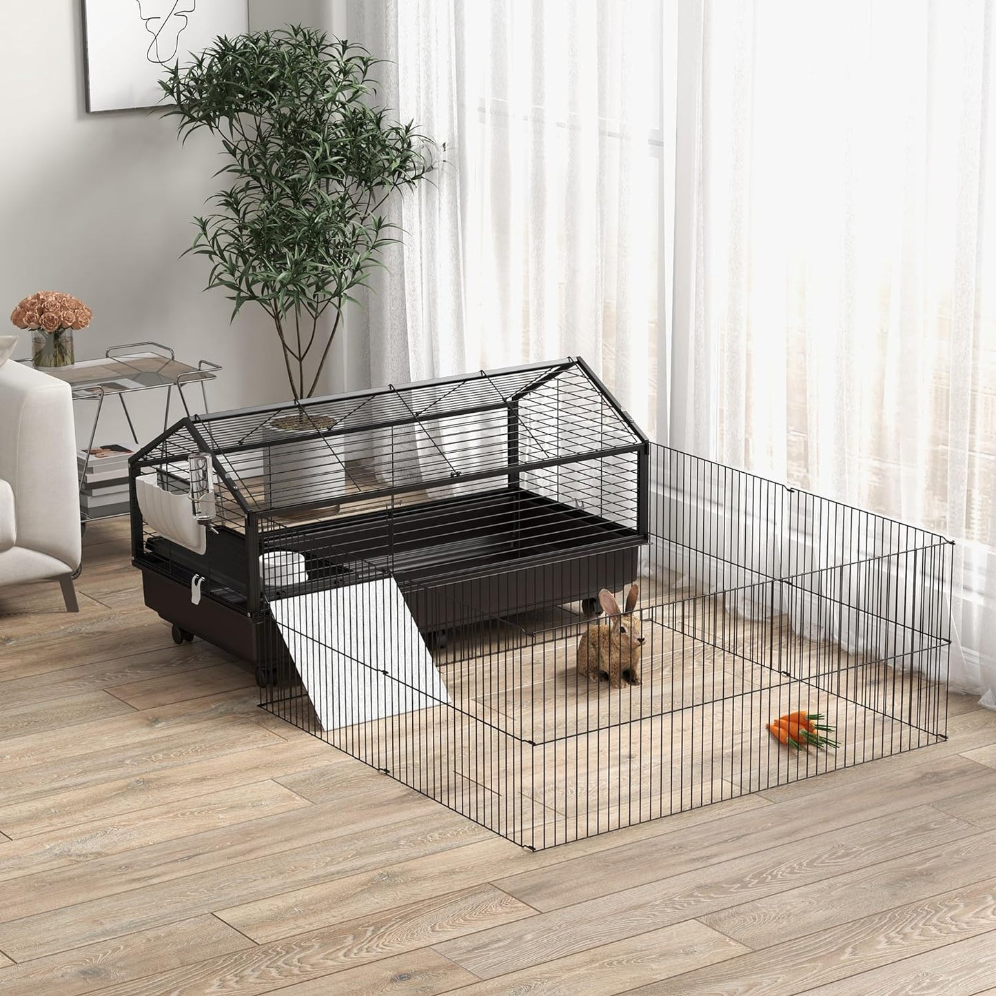 Small Animal Cage with Foldable Run Area, Rolling Bunny Cage, Guinea Pig Cage, Hedgehog Cage with Water Bottle, Water Bowl, and Ramps, 46.5"