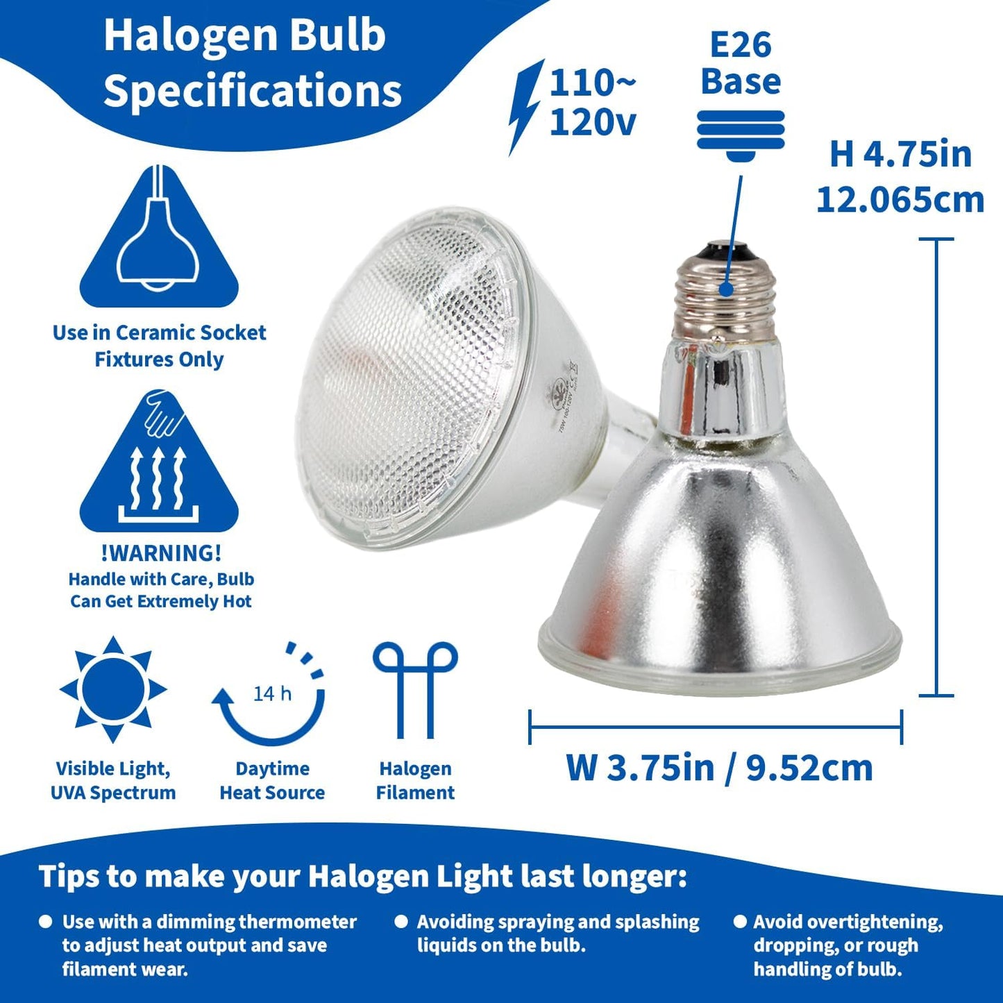 50W Halogen Heat Lamp (4 Pack) for Reptiles - Warming UVA and Infrared Light for Turtles, Tortoises, Bearded Dragons - Heating Bulb Accessories, Designed for Ceramic Sockets (50 Watt)