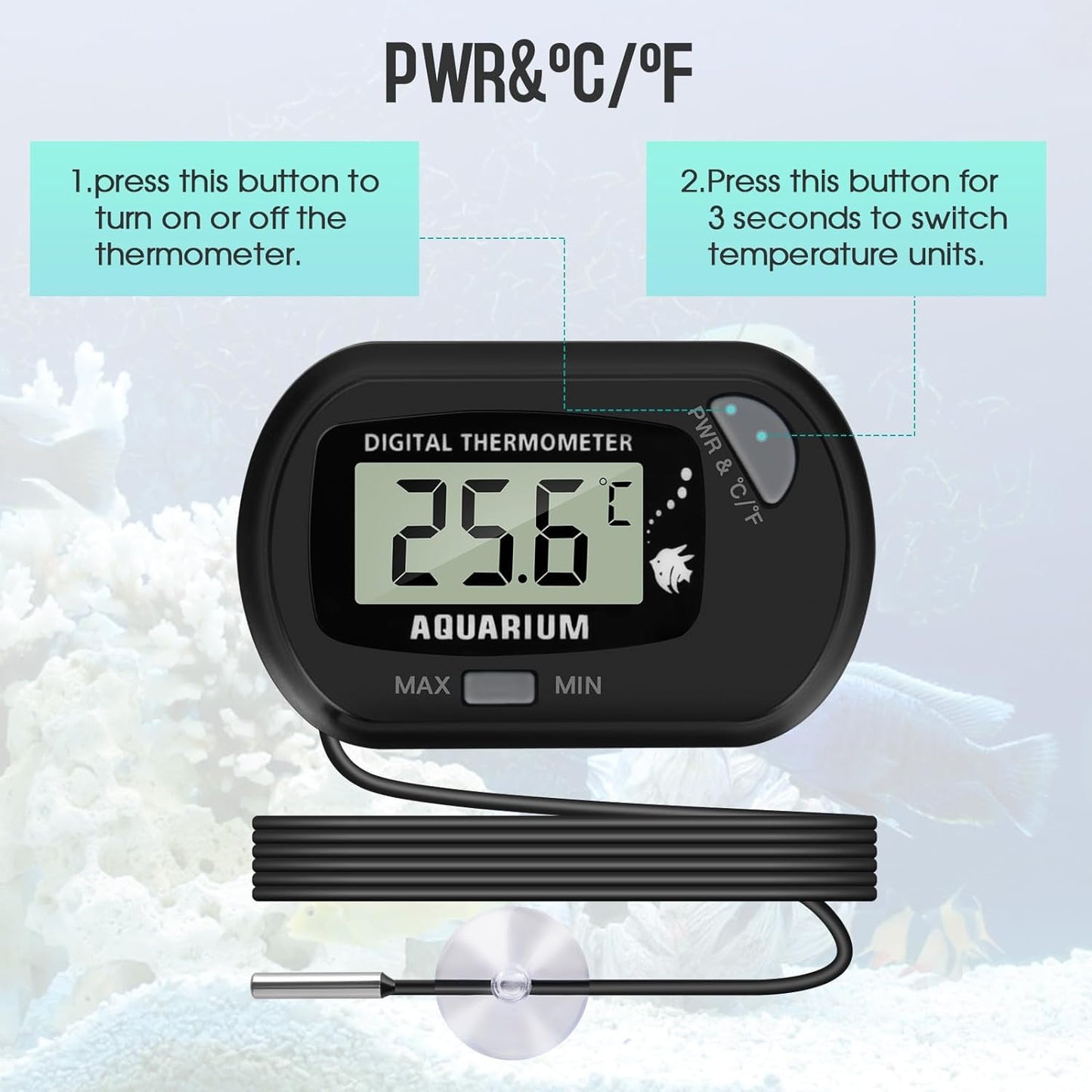 LCD Digital Aquarium Thermometer, Fish Tank Thermometer with Water-Resistant Sensor Probe and Suction Cup for Reptile, Turtle Incubators, Terrarium Water Thermometer (4)