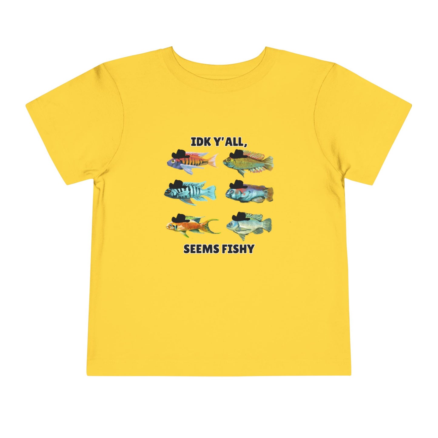 Toddler Sizes: IDK Y'all, Seems Fishy, Fish & Fishing Cowboy Hat Shirt, Short Sleeve Tee - 'IDK Y'all, Seems Fishy' Fun T-Shirt, Cute Kids Apparel, Summer Essentials