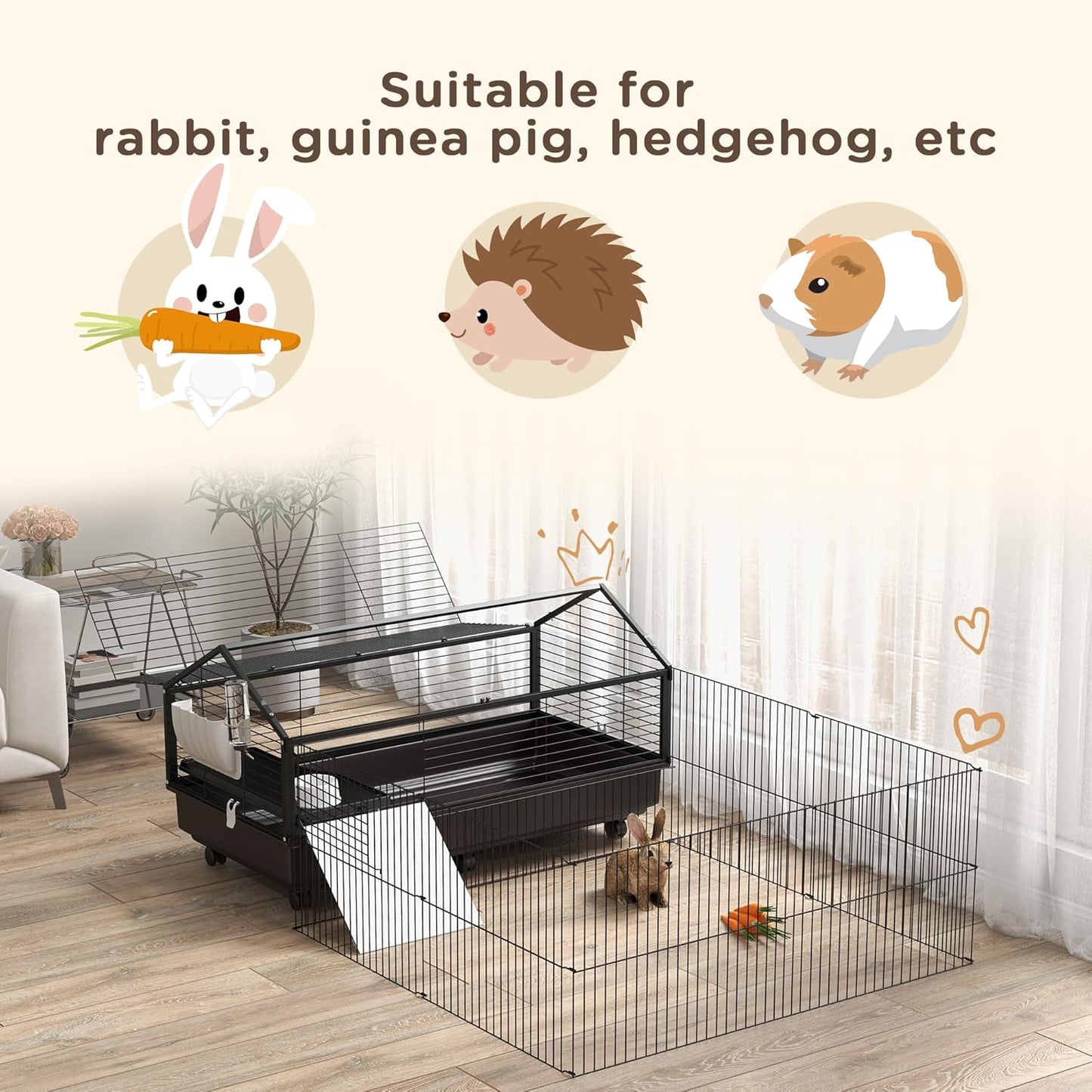 Small Animal Cage with Foldable Run Area, Rolling Bunny Cage, Guinea Pig Cage, Hedgehog Cage with Water Bottle, Water Bowl, and Ramps, 46.5"