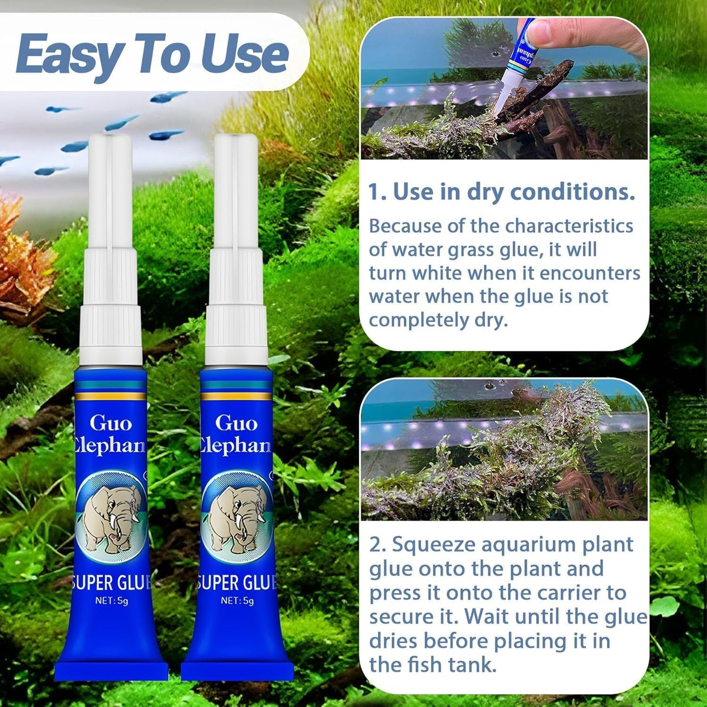 Aquarium Glue,2 Pcs Safe and Quick-Drying Aquascape Water Plant Glue for Corals Aquascaping Instant Glue for Plants, Moss, Coral, Stone, Wood,Coral, Non-Toxic, Fresh and Salt Water-Multiple Color