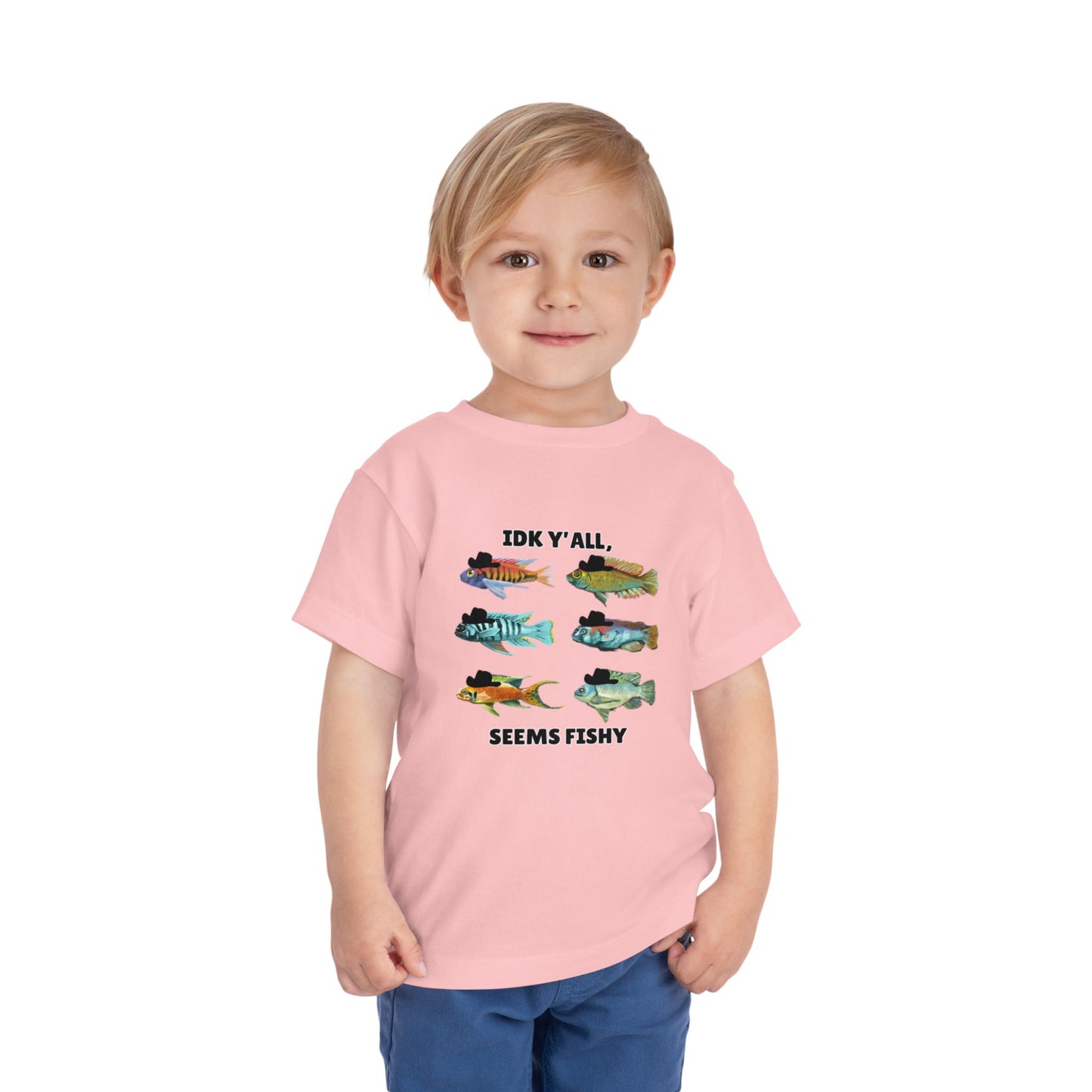 Toddler Sizes: IDK Y'all, Seems Fishy, Fish & Fishing Cowboy Hat Shirt, Short Sleeve Tee - 'IDK Y'all, Seems Fishy' Fun T-Shirt, Cute Kids Apparel, Summer Essentials