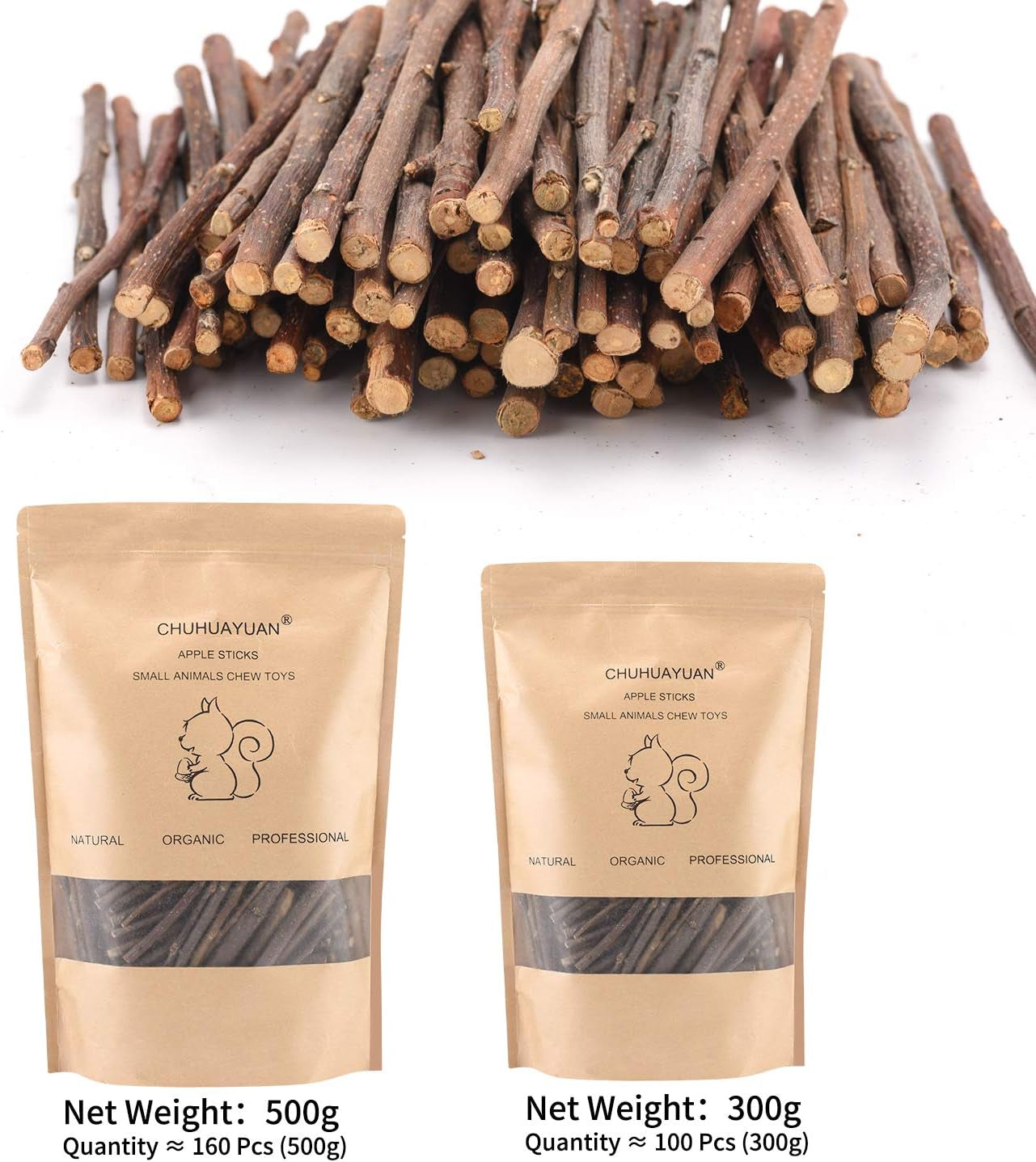 Natural Apple Sticks, 300G Treats Food for Small Animals, Chew Toys for Chinchilla Guinea Pigs Rabbit Squirrel Hamster Bunny