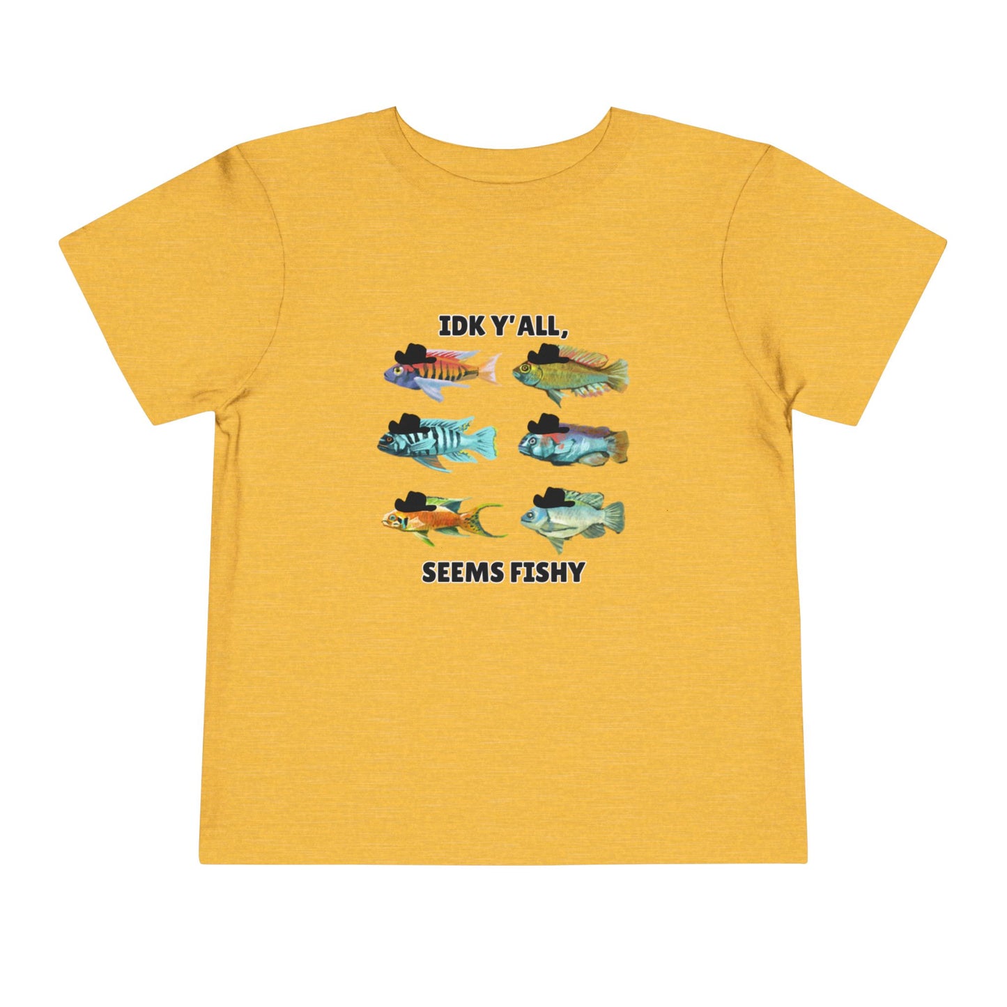 Toddler Sizes: IDK Y'all, Seems Fishy, Fish & Fishing Cowboy Hat Shirt, Short Sleeve Tee - 'IDK Y'all, Seems Fishy' Fun T-Shirt, Cute Kids Apparel, Summer Essentials