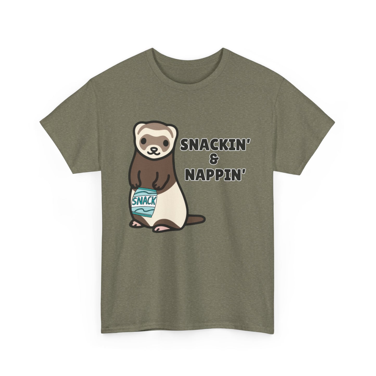 Adult Sizes: Snackin' & Nappin' Ferret Unisex Heavy Cotton Tee, Funny Animal Shirt, Quirky Graphic T-Shirt, Gifts for Snack and Nap Lovers, Cute Ferret Tee