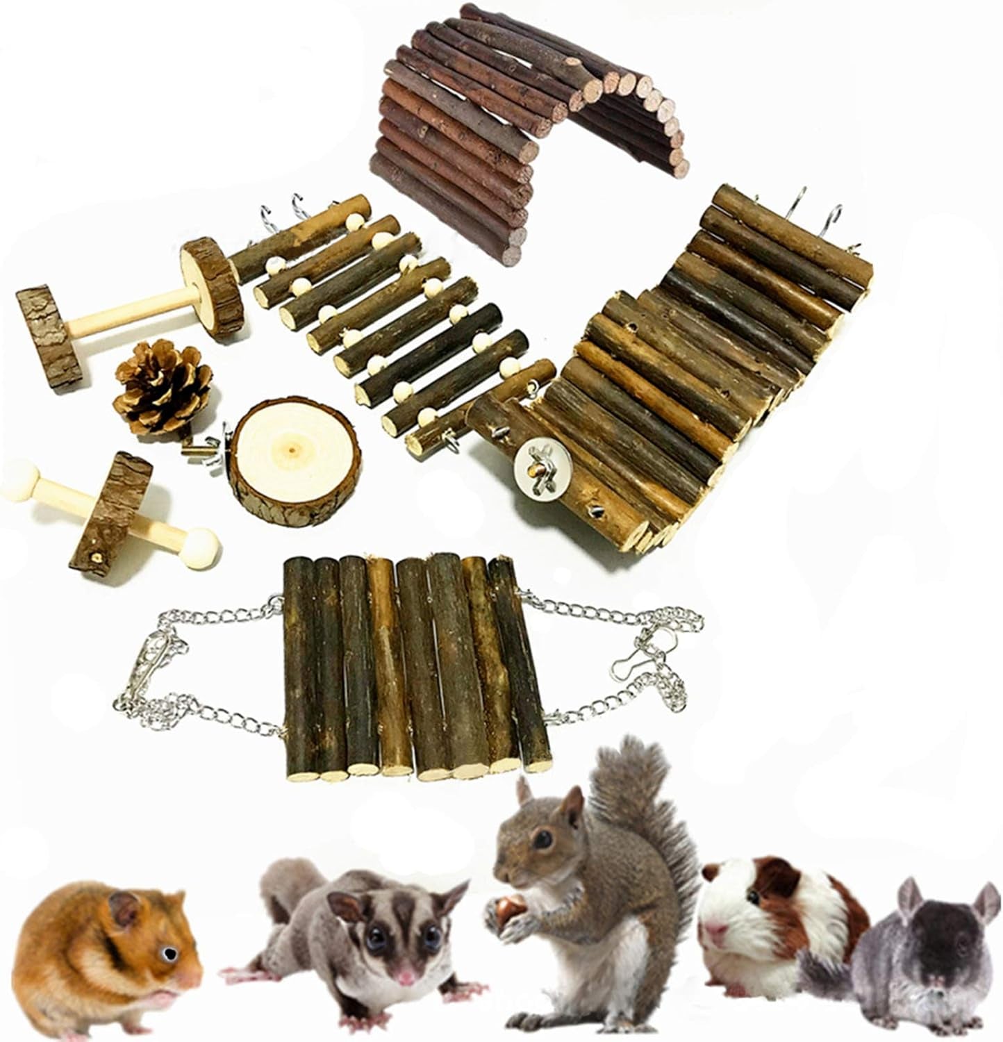 Hamster Chew Toys, 8 Pack Squirrels Toy Wooden Guinea Pig Gerbils Chinchillas Hammock Toys Accessories Ladder Natural Hideout Dumbbells Exercise Roller Teeth Care Molar Toy for Small Animals