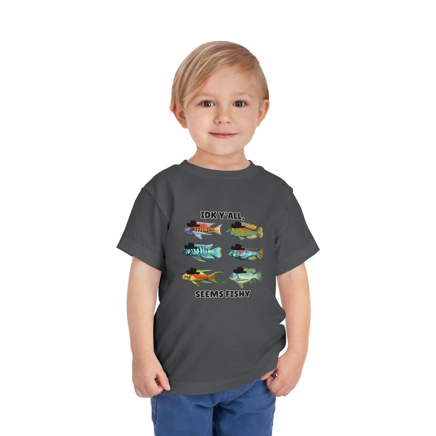 Toddler Sizes: IDK Y'all, Seems Fishy, Fish & Fishing Cowboy Hat Shirt, Short Sleeve Tee - 'IDK Y'all, Seems Fishy' Fun T-Shirt, Cute Kids Apparel, Summer Essentials