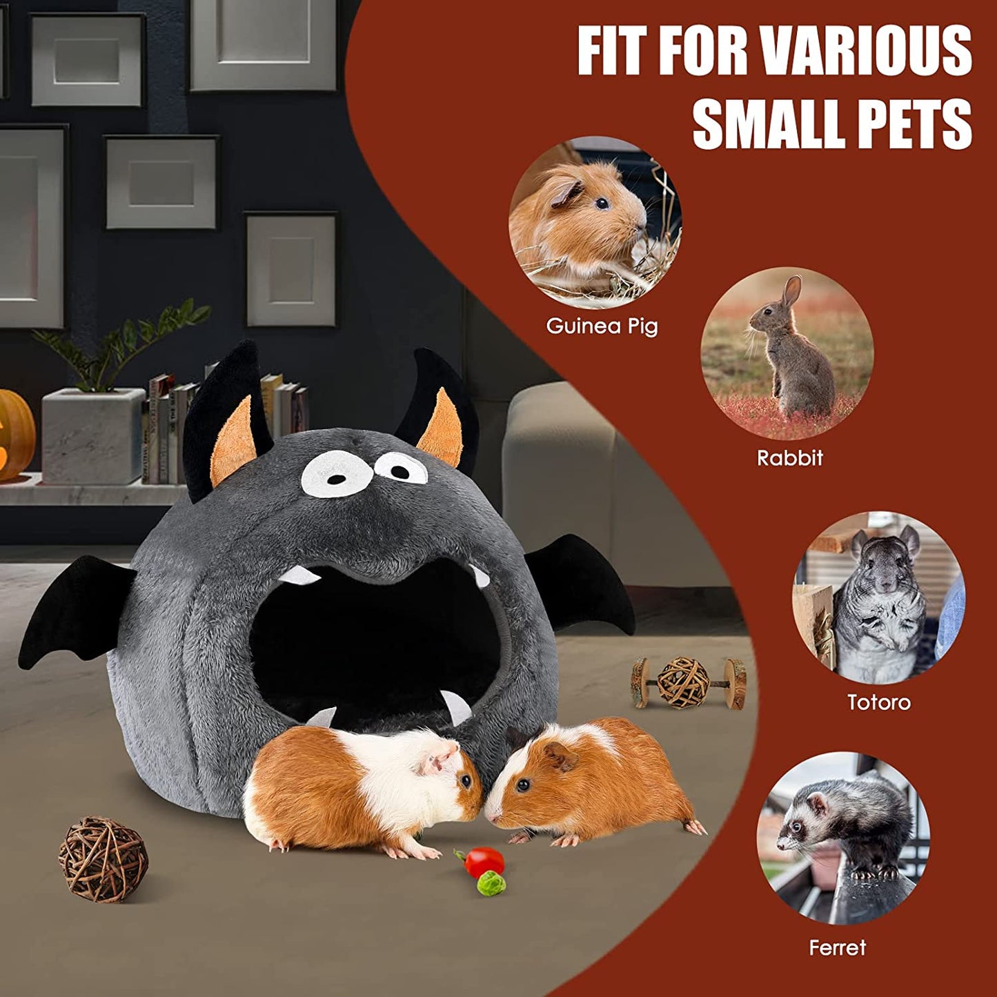Guinea Pig Bed, Guinea Pig Hideout, Rabbit Bed, Bunny Hideout, Guinea Pig Cage Accessories for Guinea Pig, Small Bunny, Hamster, Chinchilla, Small Rabbit and Other Small Pets - Bat Shape
