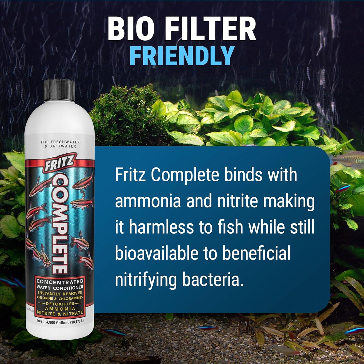 Fritz Complete Water Conditioner/Dechlorinator Instantly Removes Chlorine & Chloramines/Detoxifies Nitrite & Nitrate for Fresh & Salt Water Aquariums (16-Ounce)