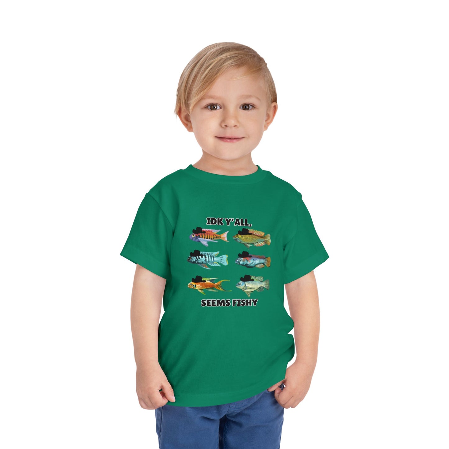 Toddler Sizes: IDK Y'all, Seems Fishy, Fish & Fishing Cowboy Hat Shirt, Short Sleeve Tee - 'IDK Y'all, Seems Fishy' Fun T-Shirt, Cute Kids Apparel, Summer Essentials