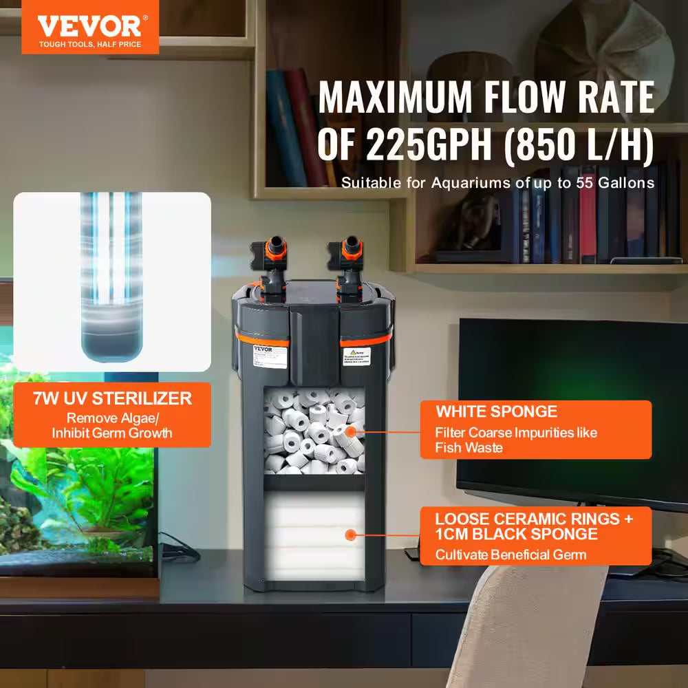 Aquarium Filter 225 GPH 2-Stage Canister Filter 55 Gallon Ultra-Quiet Internal Aquarium Filter with UV Protection 10 W