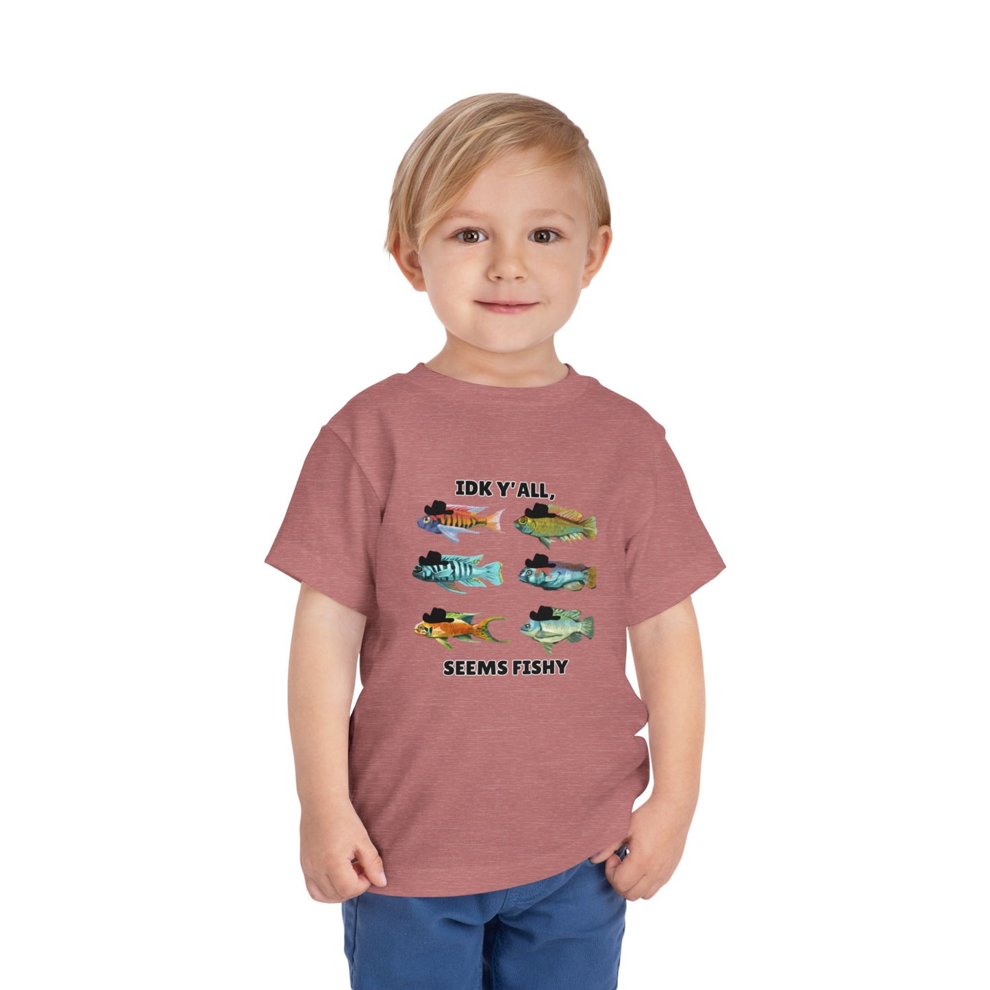 Toddler Sizes: IDK Y'all, Seems Fishy, Fish & Fishing Cowboy Hat Shirt, Short Sleeve Tee - 'IDK Y'all, Seems Fishy' Fun T-Shirt, Cute Kids Apparel, Summer Essentials