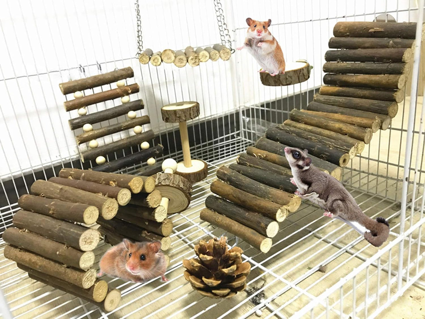 Hamster Chew Toys, 8 Pack Squirrels Toy Wooden Guinea Pig Gerbils Chinchillas Hammock Toys Accessories Ladder Natural Hideout Dumbbells Exercise Roller Teeth Care Molar Toy for Small Animals
