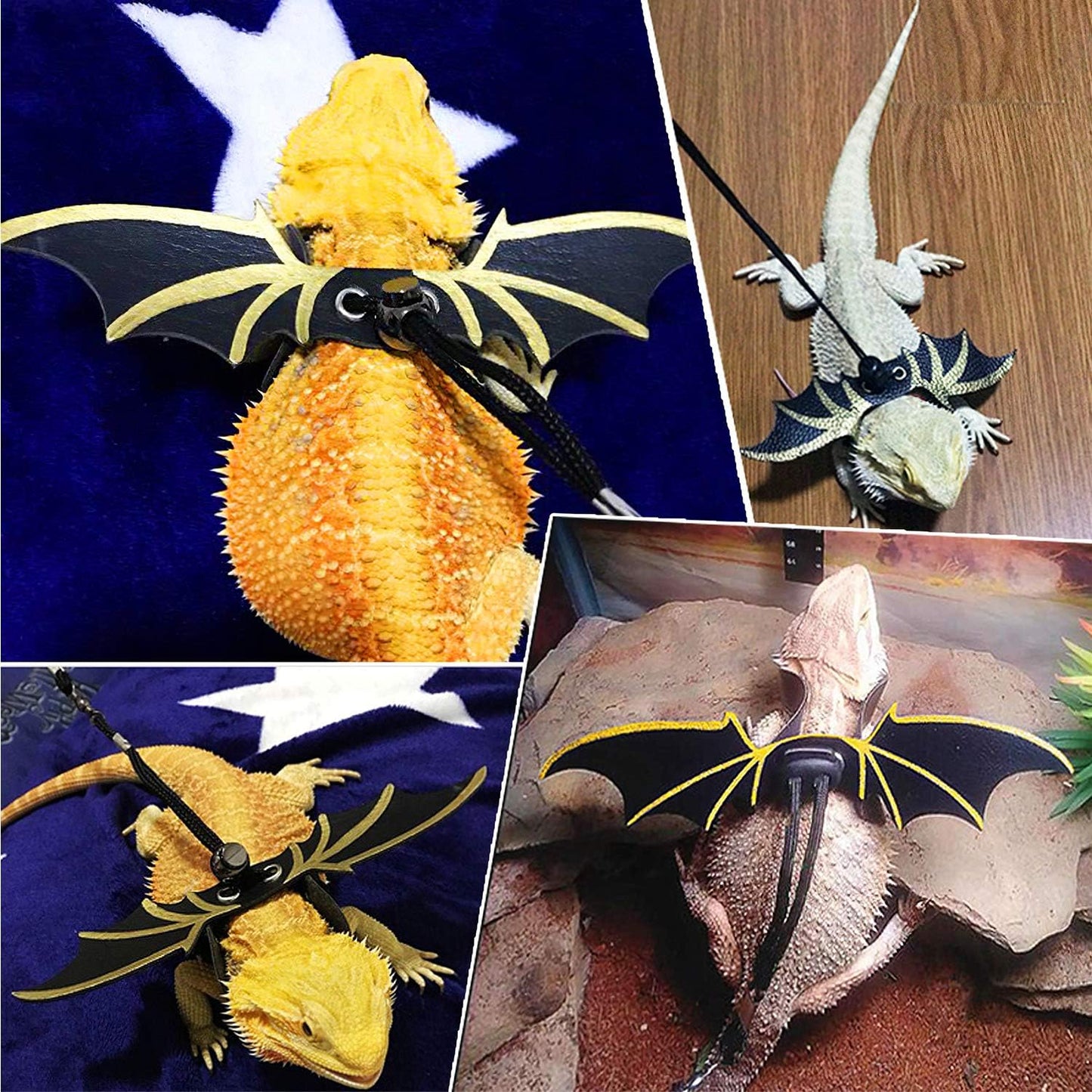 Adjustable Bearded Dragon Leather Harness Leash (S/M/L 3 Chest Pack) with Cool Wings for Lizard Reptiles Amphibians and Other Small Pet Animals