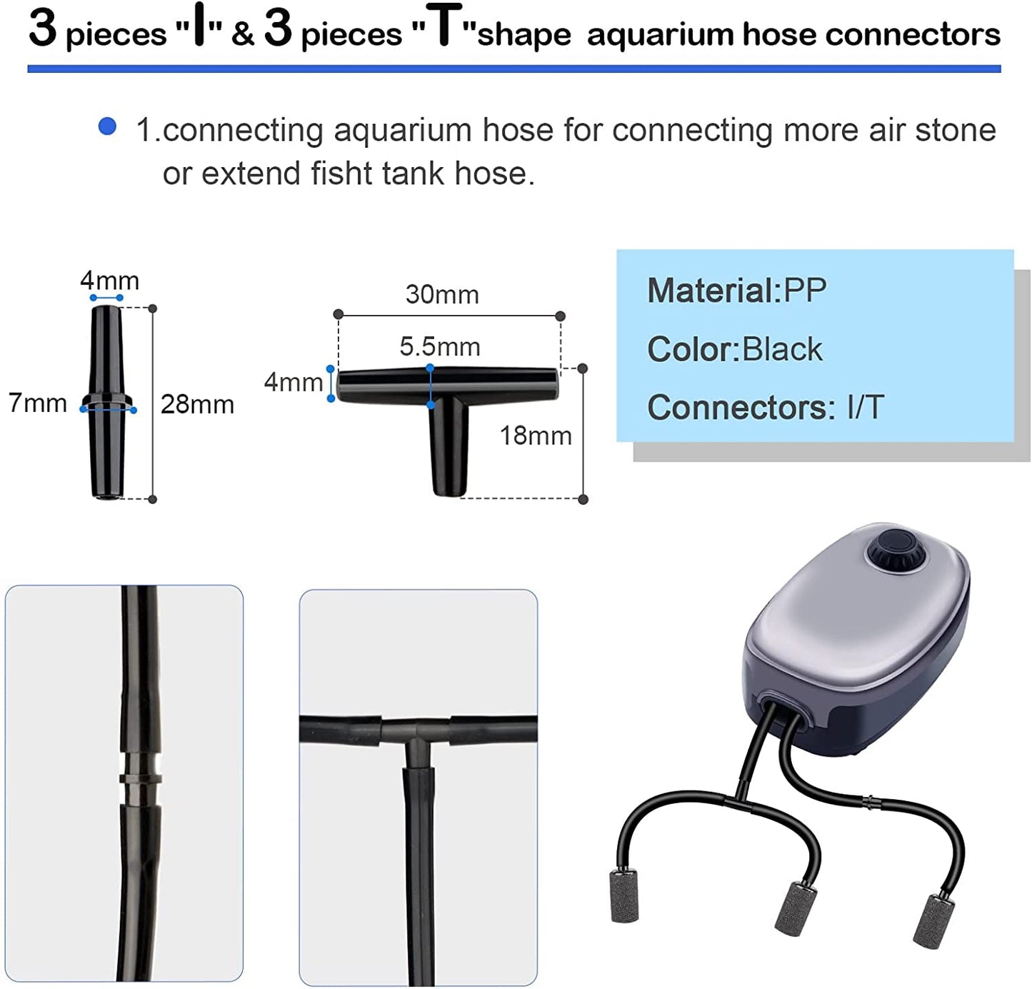19.68 Feet Black Aquarium Airline Tubing 6 Air Stone for Aquarium 6 Aquarium Check Value for Fish Tank 6 Aquarium Suction Cups 3 Each Aquarium Air Controller and I T Hose Connectors