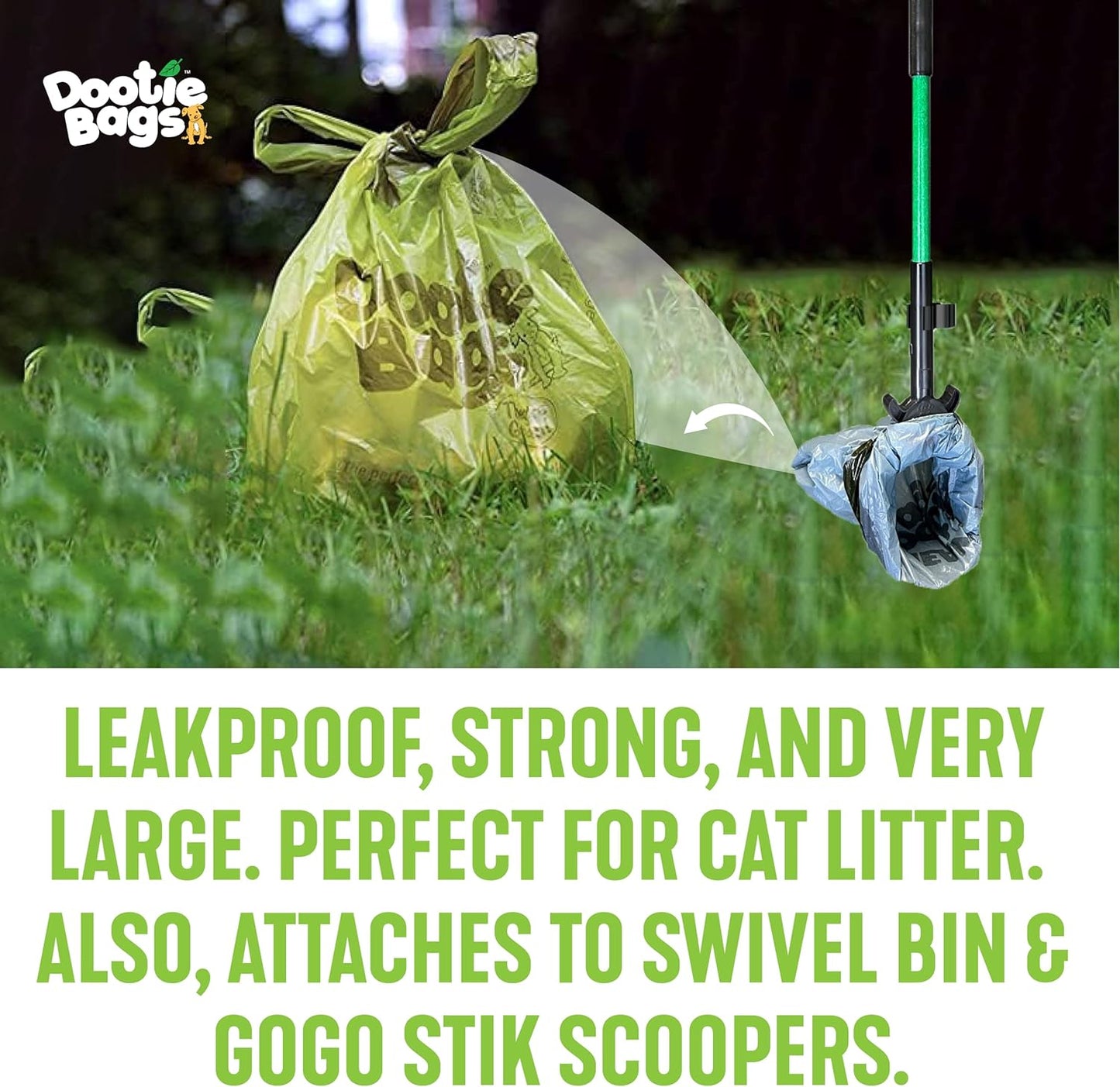 Pooch Approved Dootie Bags - Dog Poop Bags - Tie-Handles - 100 Count Dootie Strong Leakproof Bags - Perfect for Dogs & Cats - Litter - Pet Waste Cleanup - Swivel Bin & Scoopers