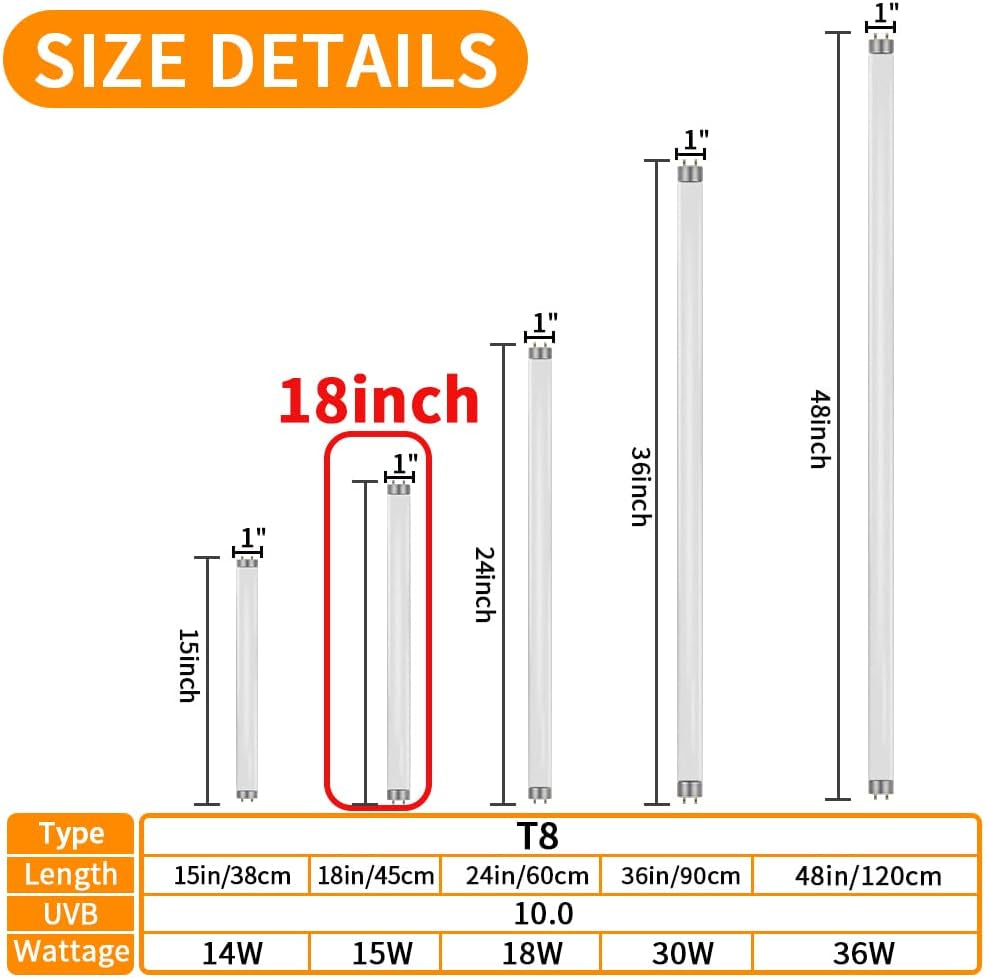 18Inch 15W T8 UVB 10.0 Reptile Light, UVA UVB Bulb, Fluorescent Lamp for Reptiles Amphibian