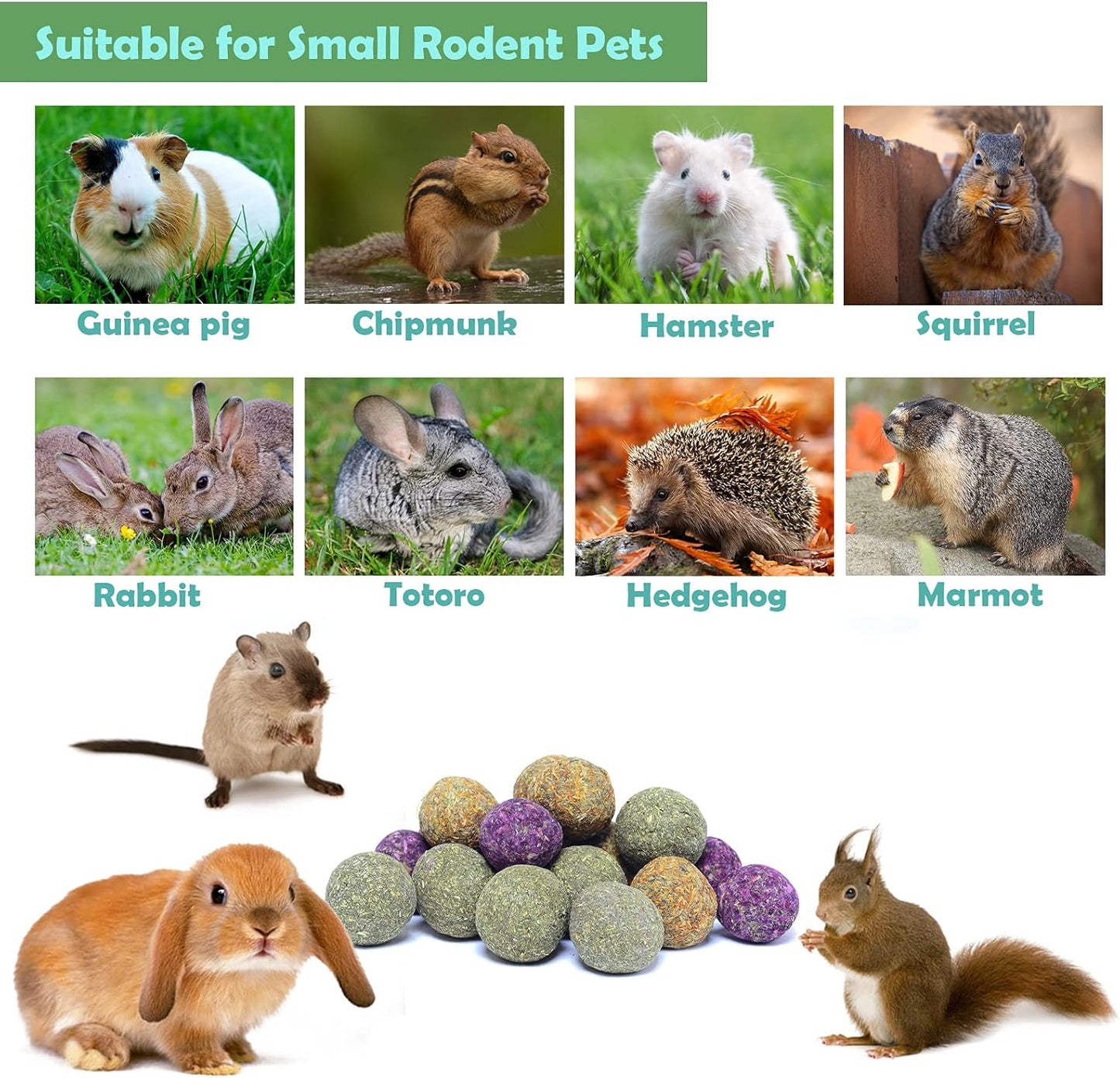Rabbit Chew Toys,Bunny Chew Toys for Teeth, 100% Natural Flowers Flavored Timothy Hay Balls Bunny Chew Treats for Rabbits Chinchilla Hamsters Guinea Pigs Gerbils Groundhog Squirrels