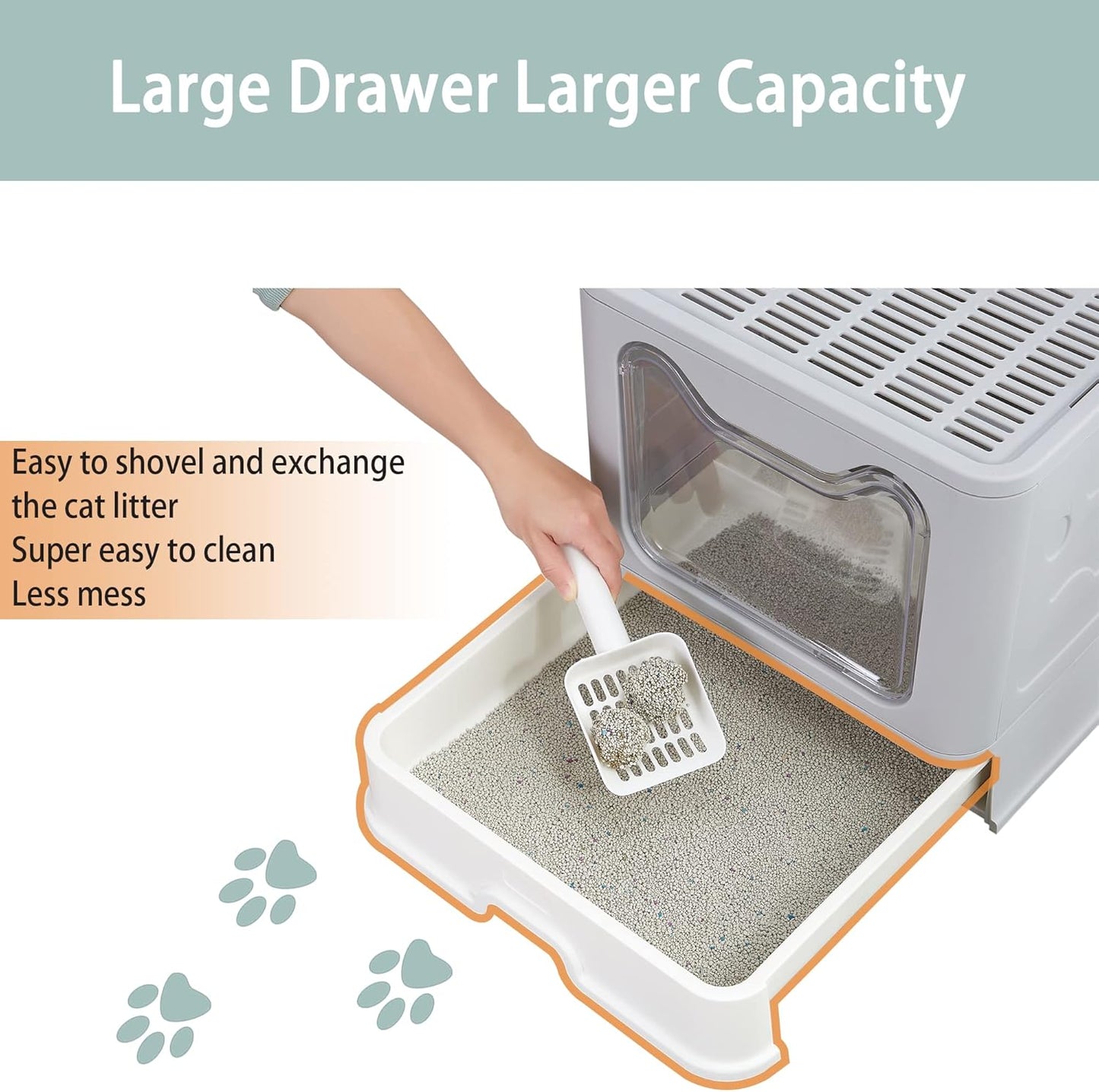 Foldable Large Top Entry Cat Litter Box with Lid, Anti-Splashing Enclosed Plastic Kitty Pan with Drawer Type Easy Clean and Scoop (Grey)