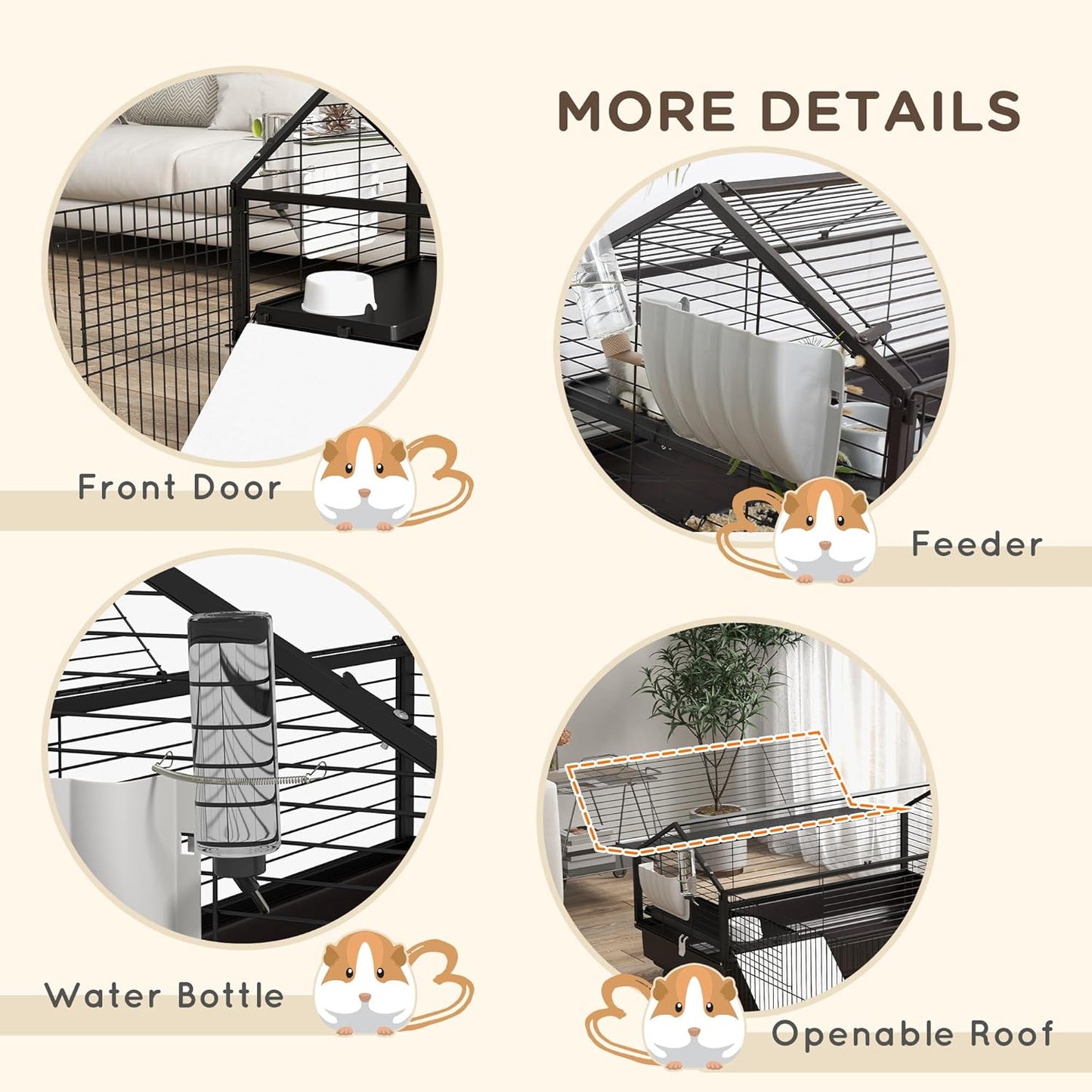 Small Animal Cage with Foldable Run Area, Rolling Bunny Cage, Guinea Pig Cage, Hedgehog Cage with Water Bottle, Water Bowl, and Ramps, 46.5"