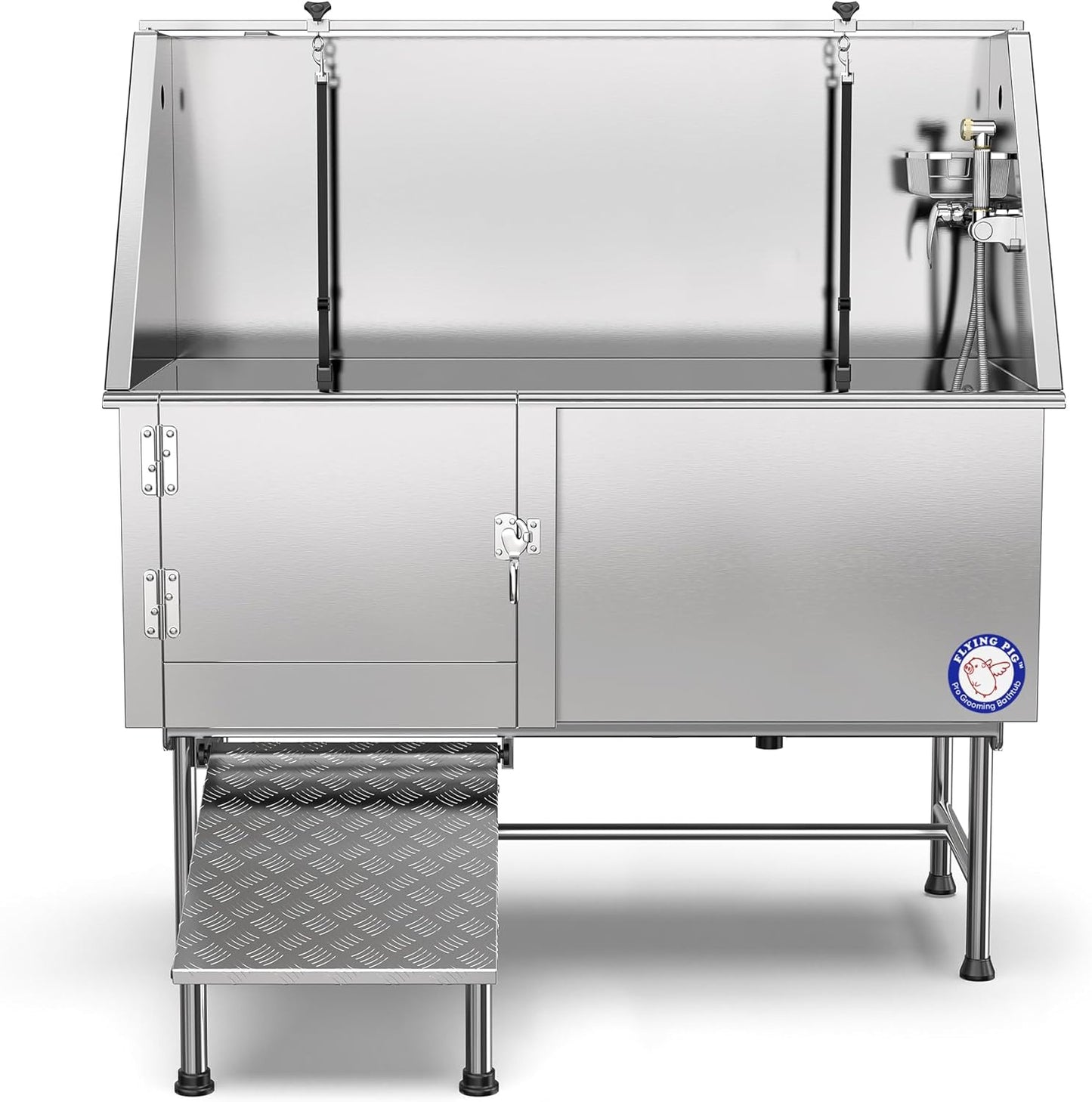 Flying Pig 62" Stainless Steel Pet Dog Grooming Bath Tub with Walk-In Ramp & Accessories (Left Door/Right Drain)