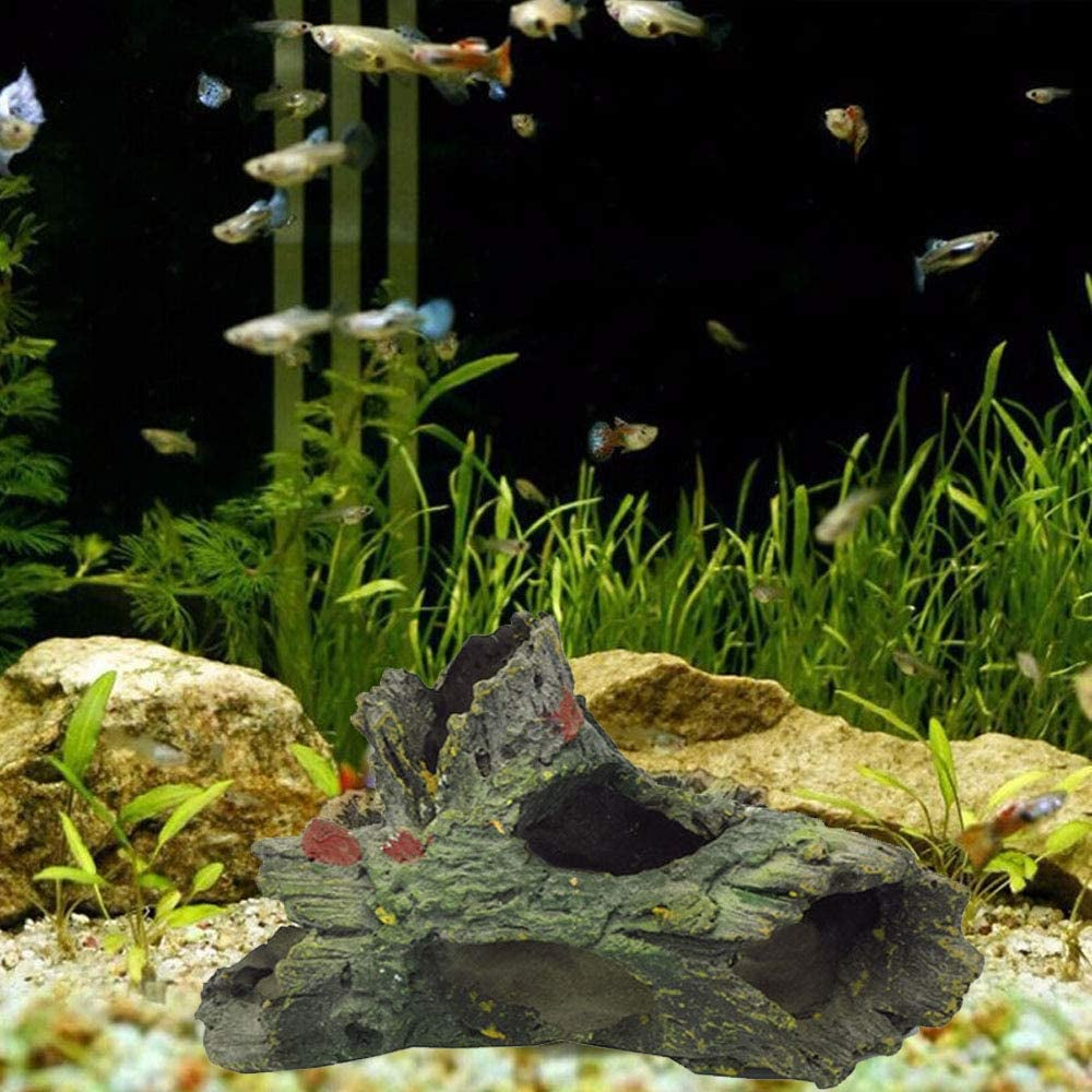 Decaying Trunk Aquarium Ornament, Betta Fish Hideout - Small Resin Aquarium Decoration Log with Holes & Caves