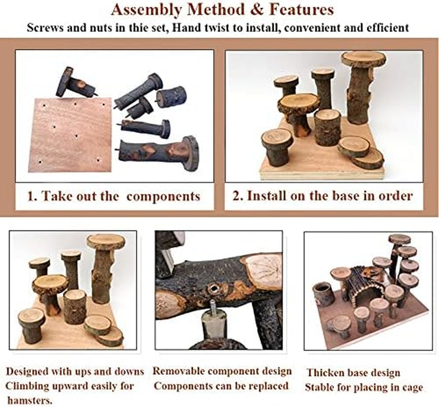 Hamster Wooden Cage Toy Sets, Small Pets Wooden Climbing Ladders, Hamsters Chewing Toys for Sugar Glider, Mouse, Chinchilla, Rat, Gerbil and Dwarf Hamster, Apple-Wood Play Ground for Small Animal