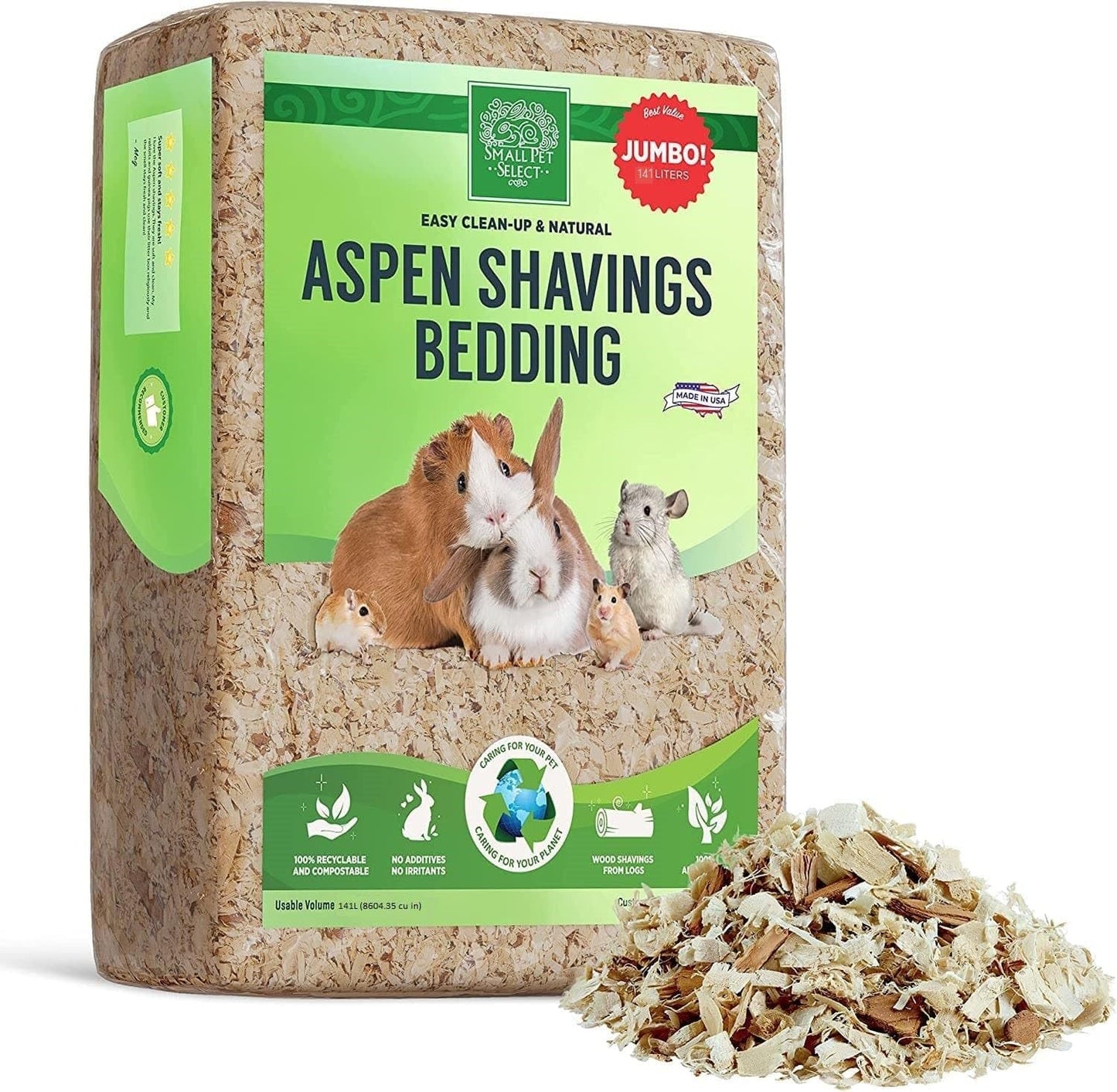 Premium Natural Aspen Bedding, Animal Bedding for Small Indoor and Outdoor Pets, Made in the USA, Jumbo Size 141 L Pack