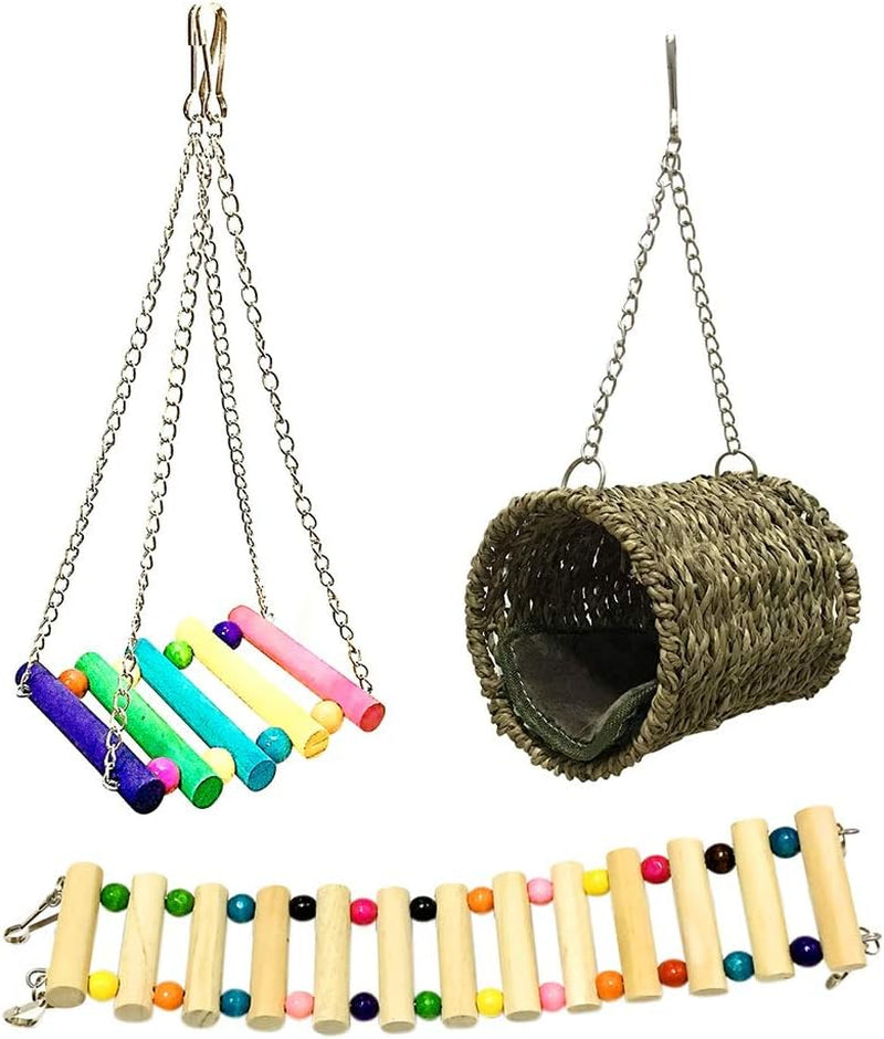 Pet Hammock Hamster Hanging Toy, 3 Piece Set House Hanging Bed Cage Toys for Small Animal Sugar Glider Squirrel Chinchilla Hamster Rat Playing Sleeping