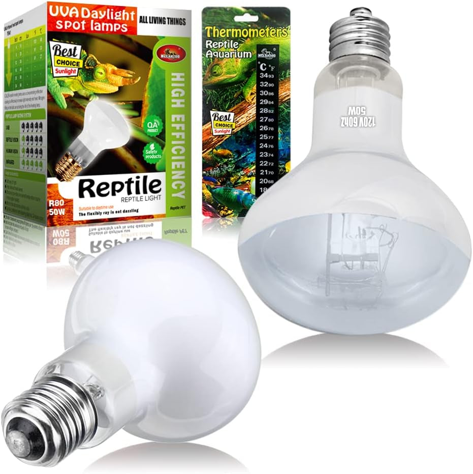 Reptile Heat Lamp 75W 2 Pack,Uva Basking Light Heat Lamp Bulbs,Natural Daylight Heating Light for Bearded Dragon,Turtle,Tortoise,Lizard,Snake,Gecko,Chicken with Digital Temperature Strips