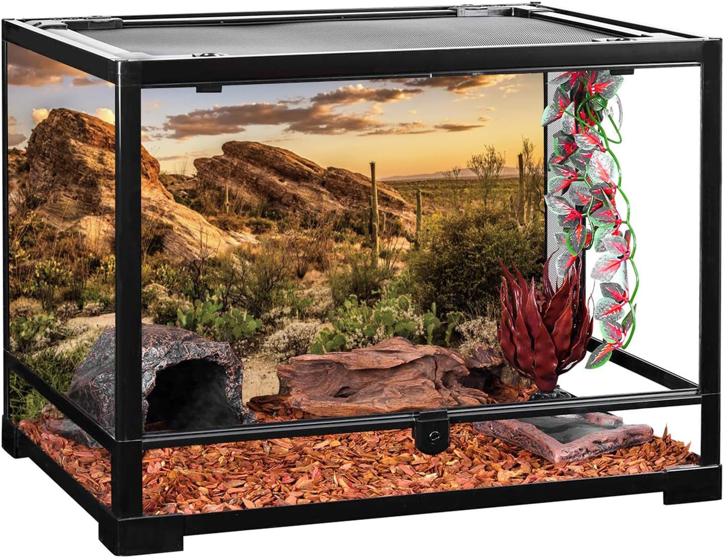 Reptile Habitat Background Blue Sky Oasis Cactus Sun and Desert Terrarium Background 36X24 Inches Durable Polyester Background