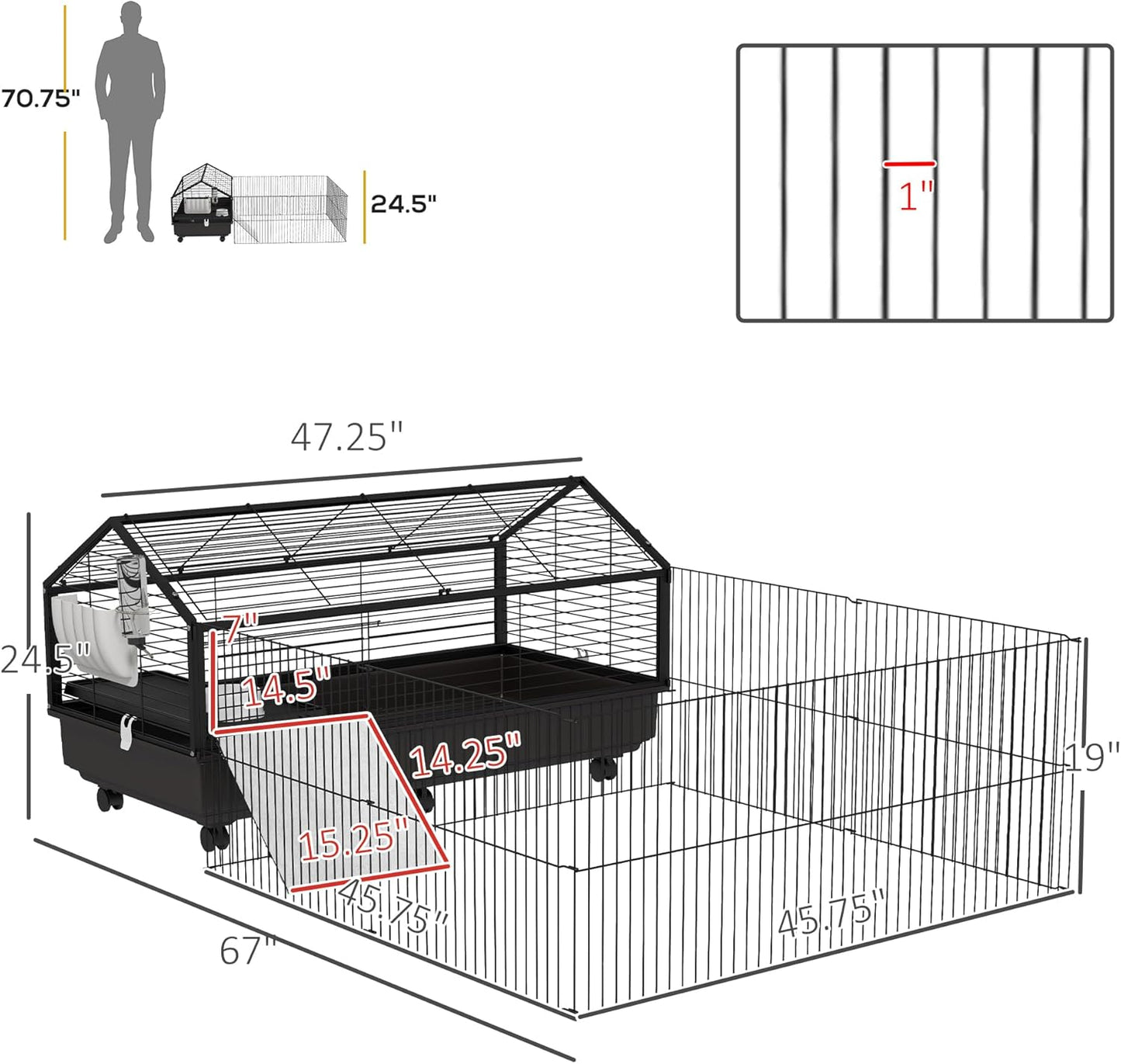 Small Animal Cage with Foldable Run Area, Rolling Bunny Cage, Guinea Pig Cage, Hedgehog Cage with Water Bottle, Water Bowl, and Ramps, 46.5"