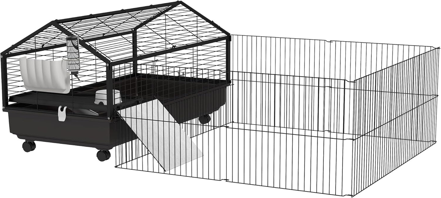 Small Animal Cage with Foldable Run Area, Rolling Bunny Cage, Guinea Pig Cage, Hedgehog Cage with Water Bottle, Water Bowl, and Ramps, 46.5"