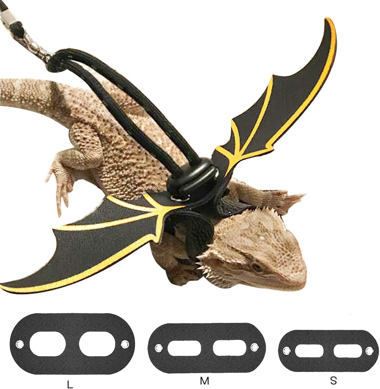 Adjustable Bearded Dragon Leather Harness Leash (S/M/L 3 Chest Pack) with Cool Wings for Lizard Reptiles Amphibians and Other Small Pet Animals