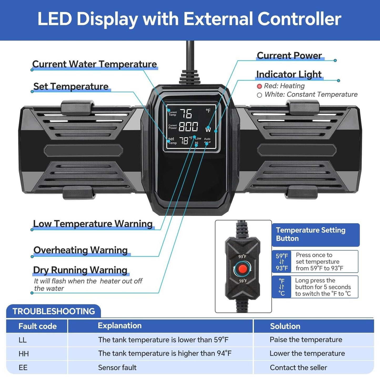 Hygger Aquarium Heater, 500W 800W 1000W Sub