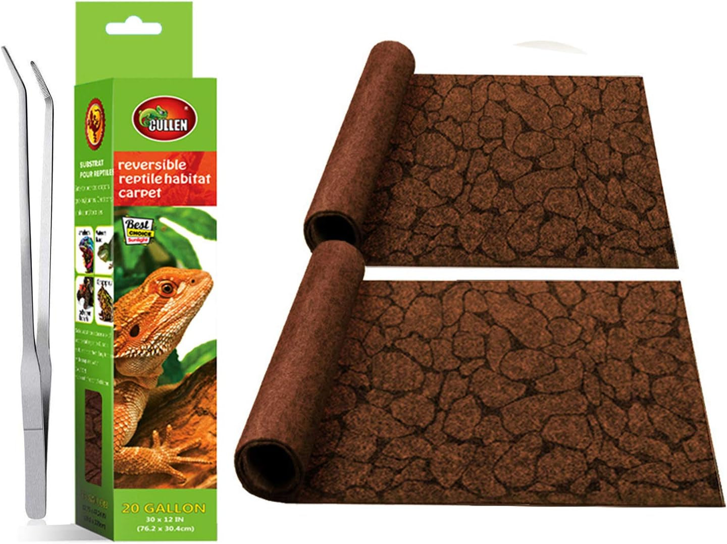 2PCS Reptile Carpet 20 Gallon, Pet Terrarium Liner, Reptiles Cage Mat/Substrate for Snakes, Chameleons, Geckos and Kitchen Use with Tweezers Feeding Tongs Printing Desert