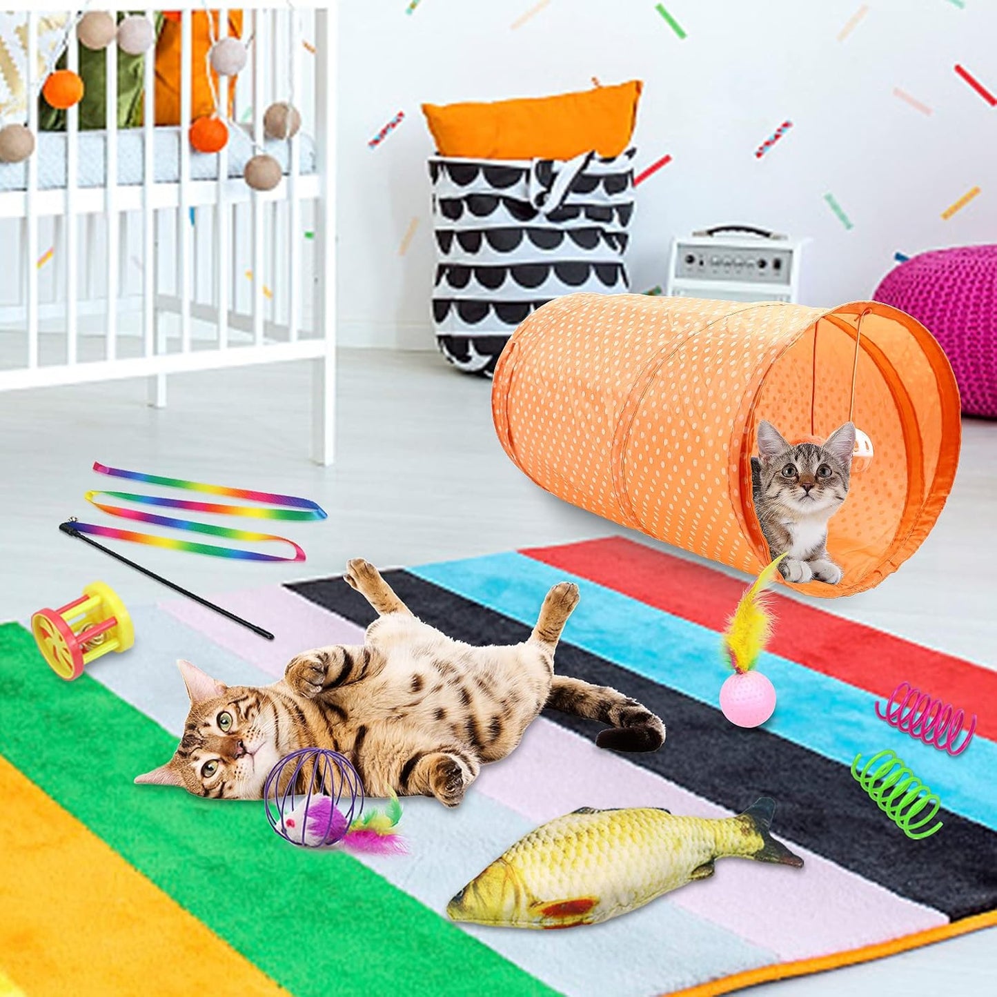 27Pcs Cat Toys Kitten Toys Assorted,Cat Tunnel Catnip Fish Feather Teaser Wand Fish Fluffy Mouse Mice Balls Tumbler Mouse Color Funny Cat Stick and Bells Toys for Cat Puppy Kitty.