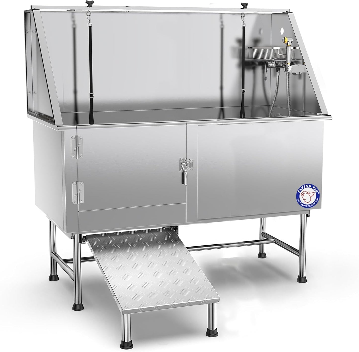 Flying Pig 62" Stainless Steel Pet Dog Grooming Bath Tub with Walk-In Ramp & Accessories (Left Door/Right Drain)
