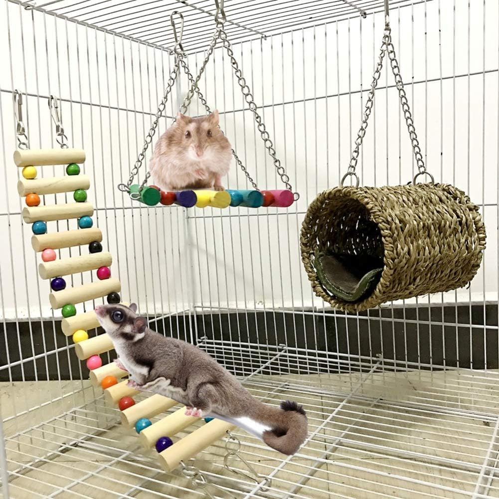 Pet Hammock Hamster Hanging Toy, 3 Piece Set House Hanging Bed Cage Toys for Small Animal Sugar Glider Squirrel Chinchilla Hamster Rat Playing Sleeping