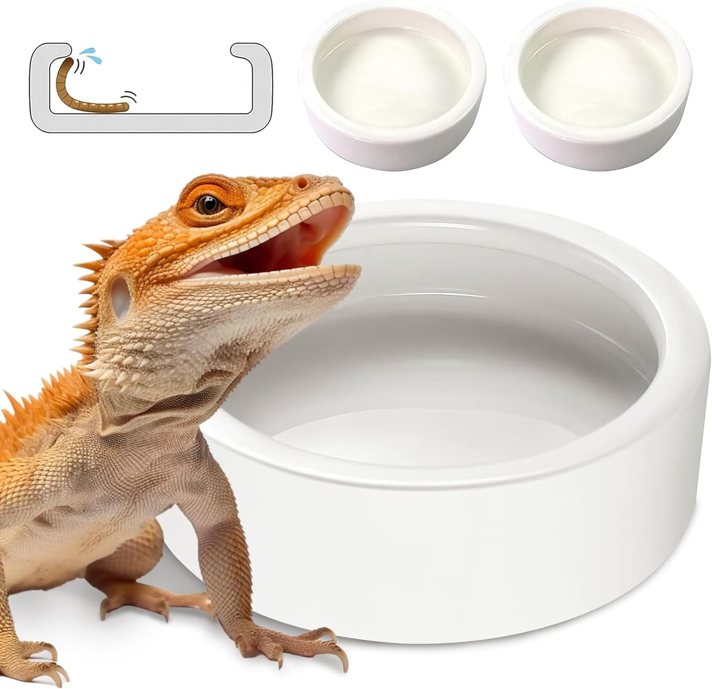 Worm Dish - Large 2 Pcs Reptile Food Water Bowl Lizard Gecko Ceramic Pet Bowls, Mealworms Bowl for Bearded Dragon Chameleon Hermit Crab Dubia Rock Reptile Cricket Dish Anti-Escape Mini Reptile Feeder