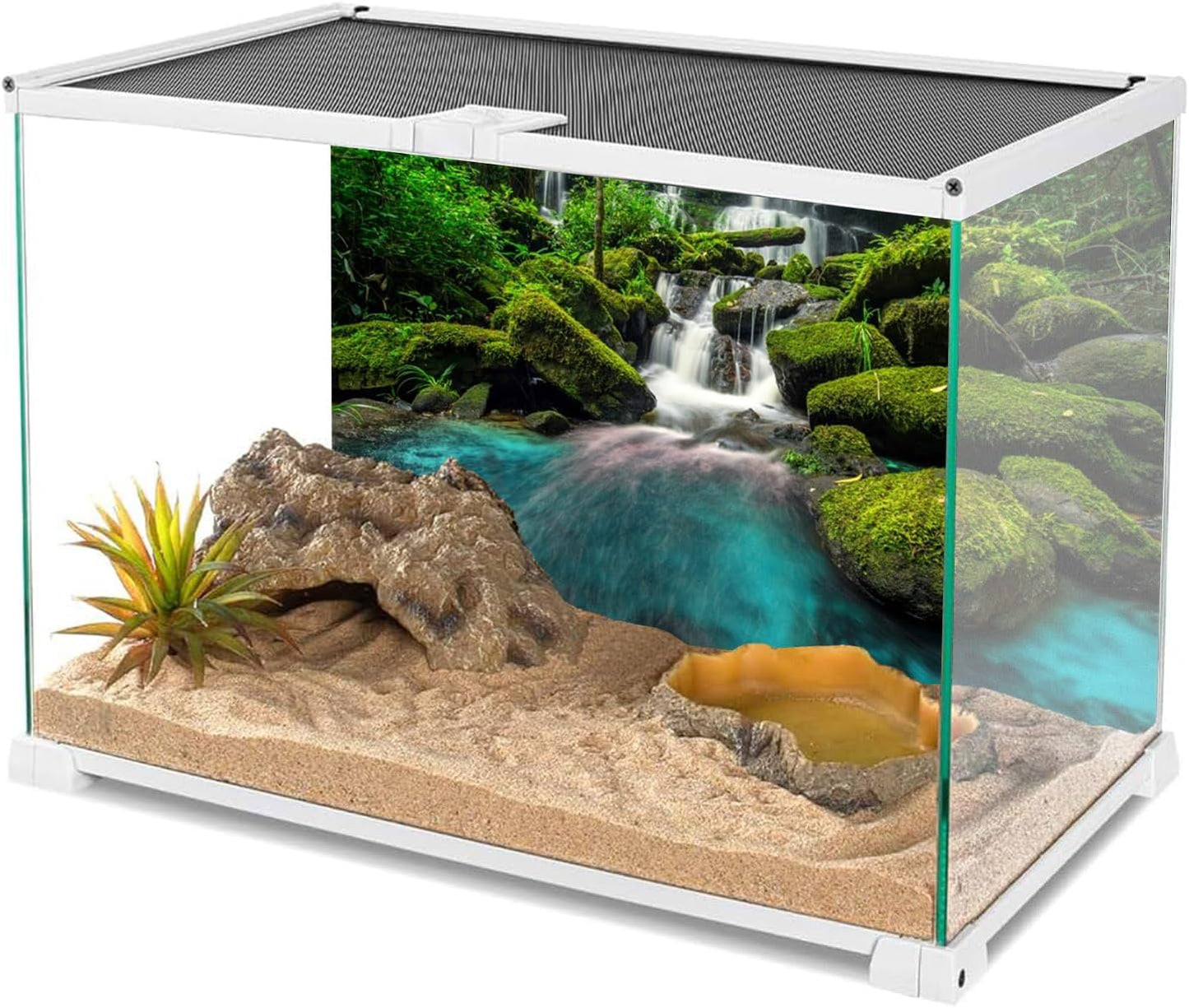72X24 Inches Waterfall Terrarium Background Tropical Rainforest Aquarium Background Mountain Lake Green Tree Reptile Habitat Background Durable Polyester Background
